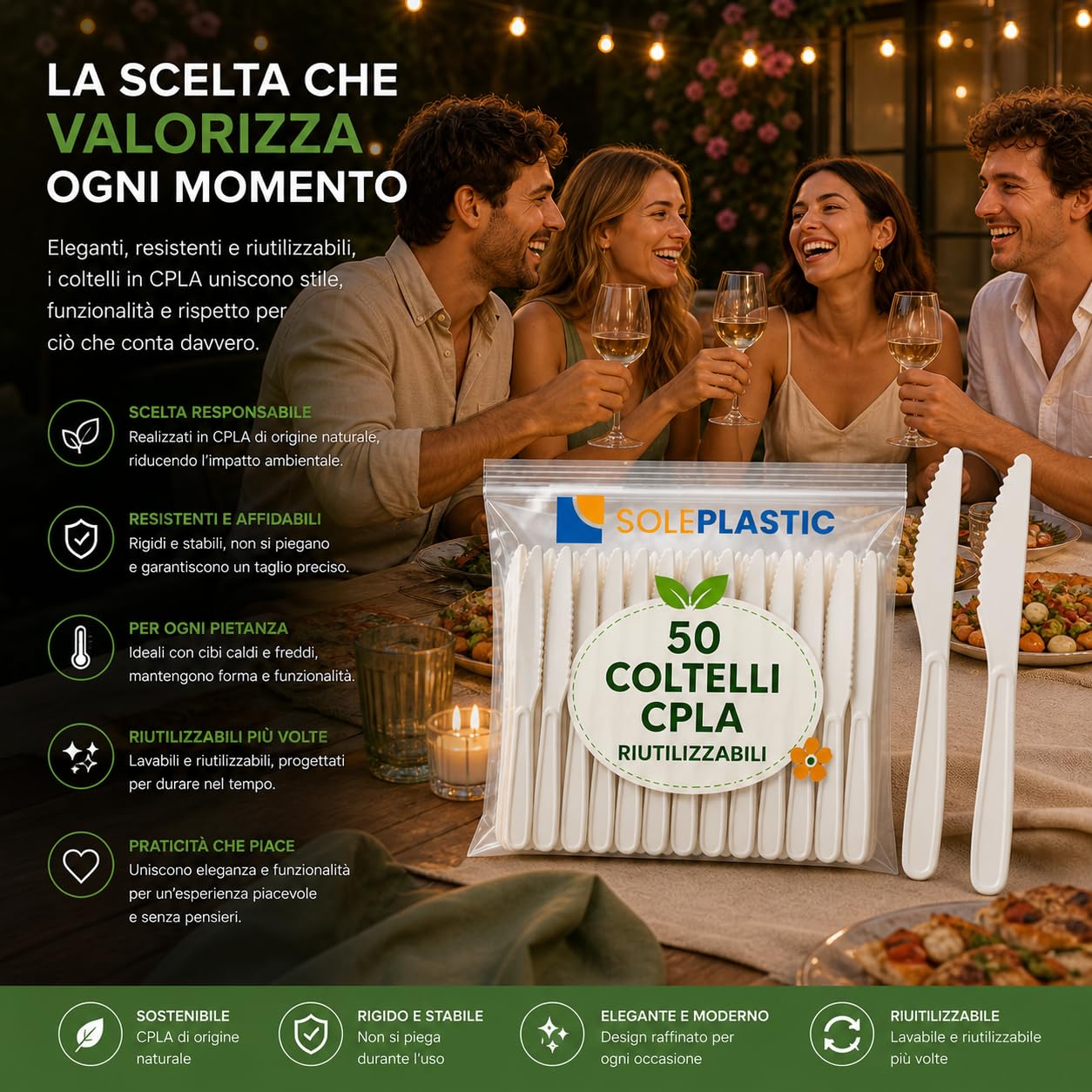 SOLEPLASTIC 50 Coltelli Riutilizzabili da 16 cm Bianco, Posate Ecologiche Resistenti per Catering, Feste, Eventi, Casa e Buffet