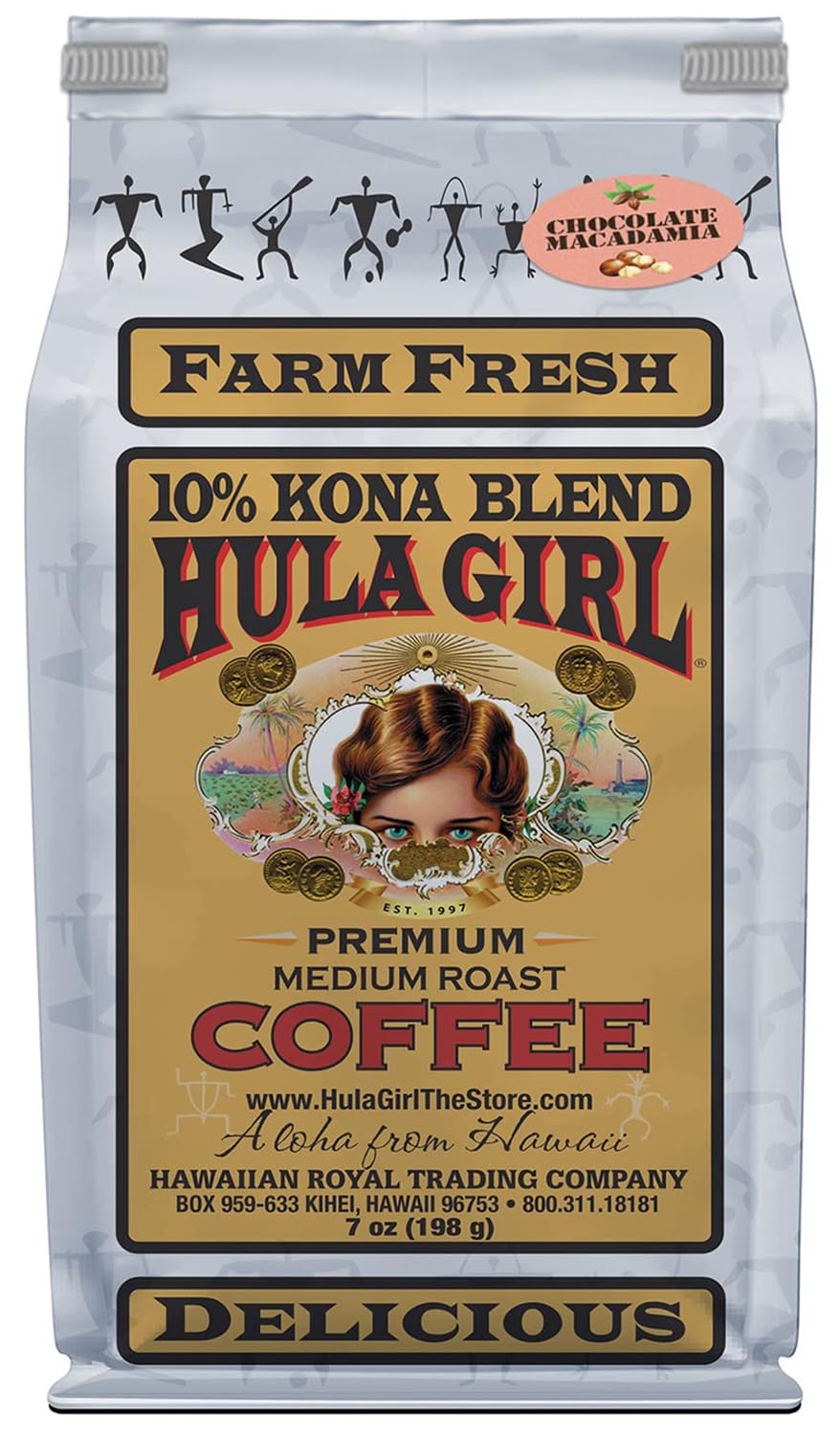 Hula Girl 10% Hawaiian Kona Coffee Blend Chocolate Mac Nut, 198 Gram