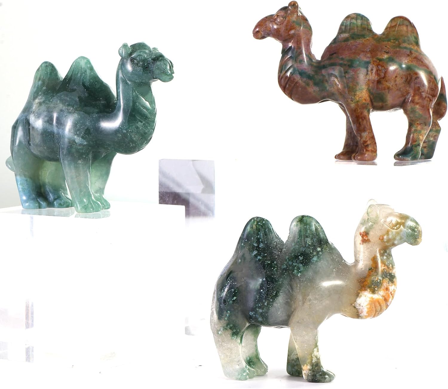 Ocean Jasper Crystal Camel Figurine Small Carved Pocket Gemstone Camel Animal Carvings Collectible Healing Statue Ornaent for Home Desk Office Decor Gift 2.5"