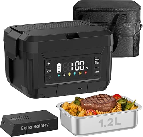 Fiambrera eléctrica inalámbrica para adultos Fiambrera autocalentable de acero inoxidable de 1.2L con dos baterías recargables extraíbles de 20000