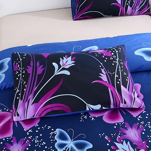 Miniatura 7 de RYNGHIPY Juego de ropa de cama para niñas de mariposa morada, ligero, para todas las estaciones, juego de edredón alternativo con 2 fundas de