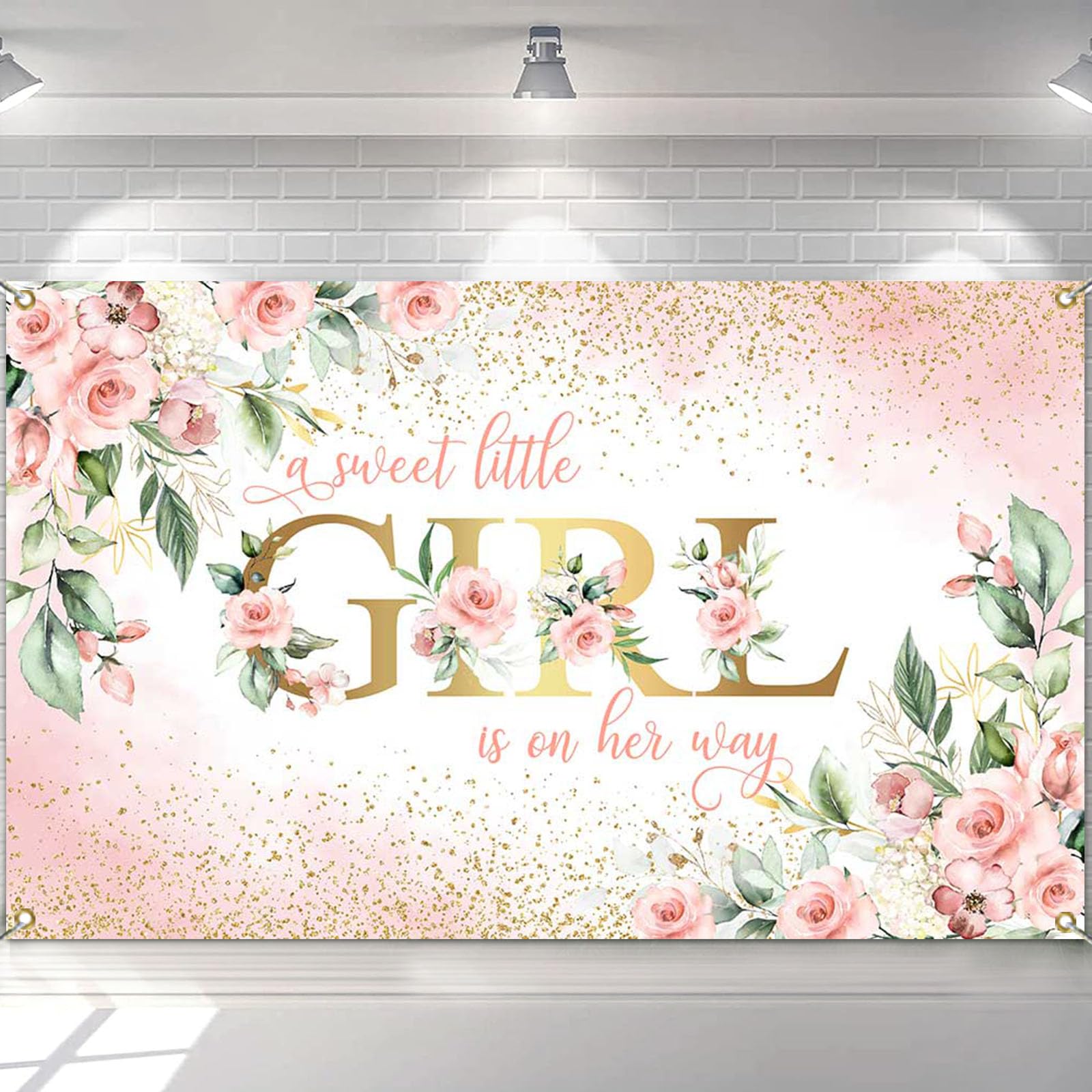 Avezano Girl Baby Shower Backdrop Banner A Sweet Little Girl is on Her Way Banner Decorations Pink Floral Girls Baby Shower Backgroud Banners Party Supplies 70.8 x 43.3 Inch