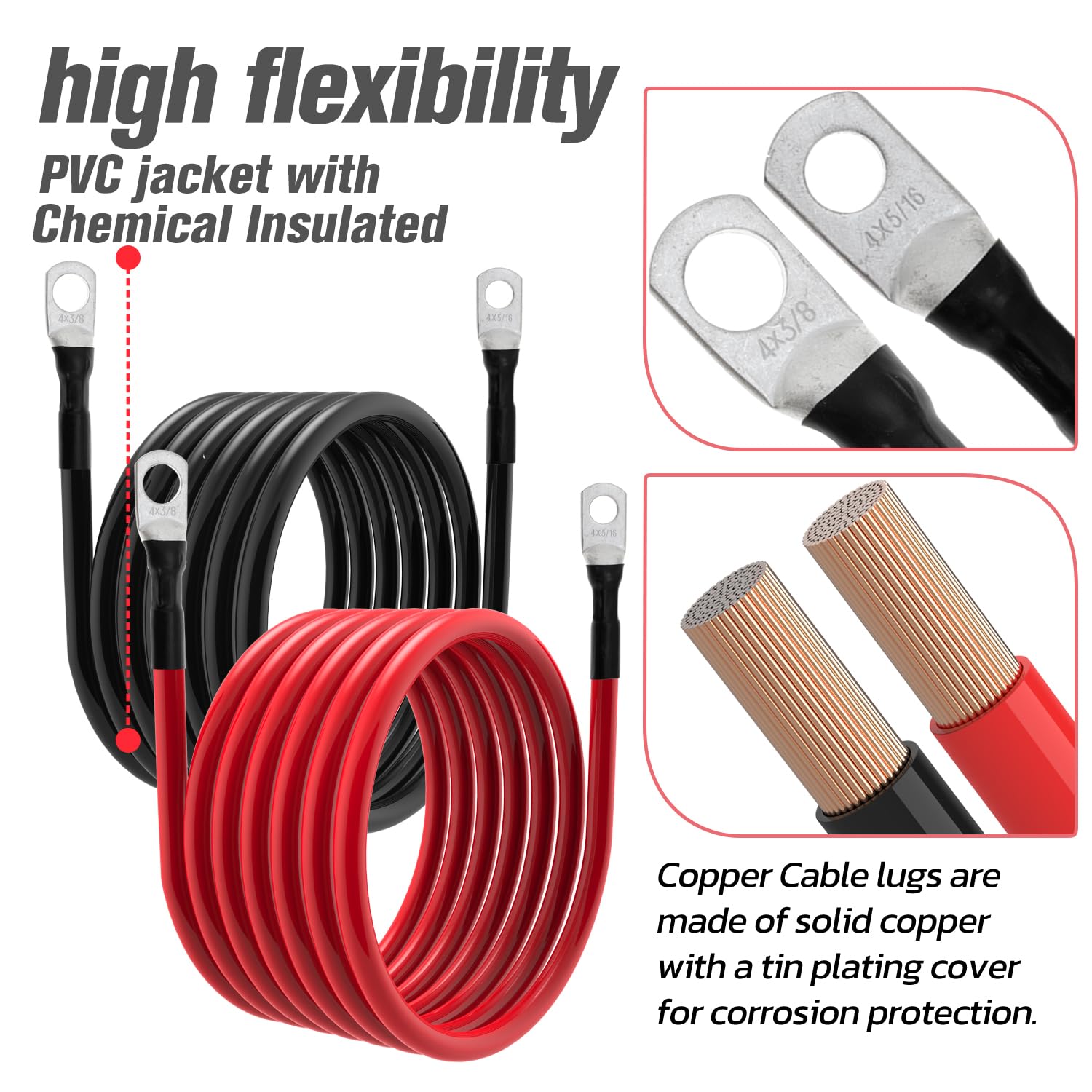 Cable de batería para inversor de batería para automóvil, barco, caravana, coche, motocicleta (5 AWG, 10 pies, 3/8 pulgadas + 5/16 pulgadas)