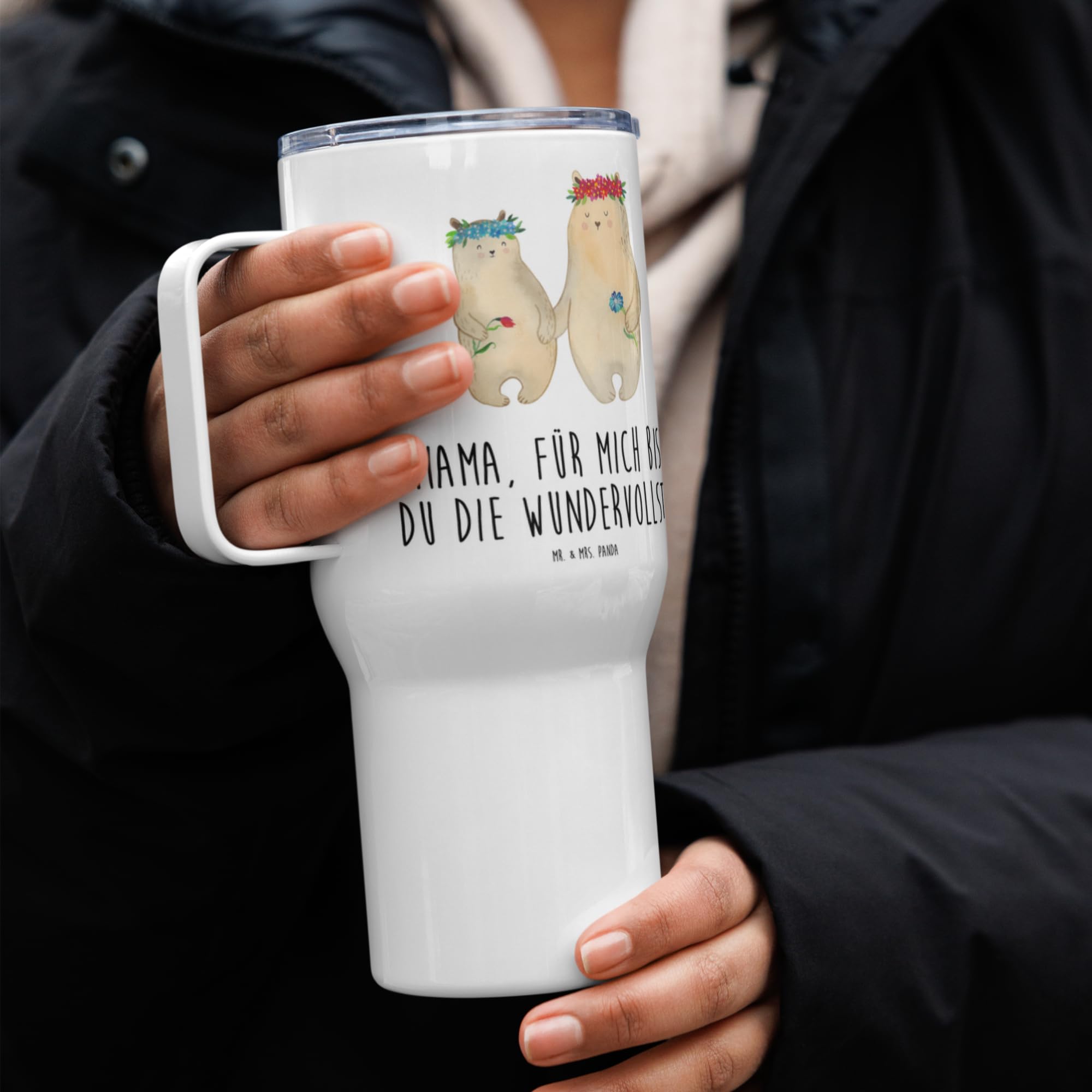 Mr. & Mrs. Panda Kaffee-to-go-Becher Bären mit Blumenkranz - Geschenk, Familie, Töchter, Lieblingsmensch, Kinder, To-Go-Becher, Thermobecher, Muttertag, thermosbecher, Mehrwegbecher, Teetasse, Mama