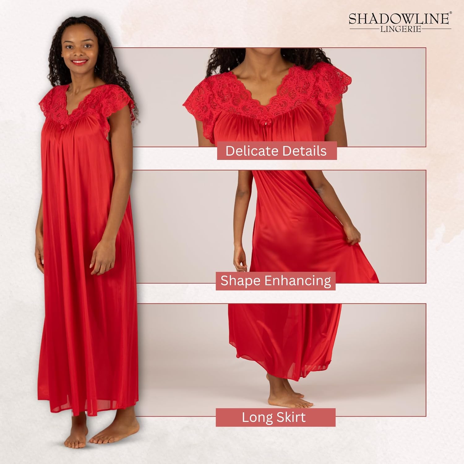 Shadowline Women's Long Flowy Figure Flattering Cap Sleeve Nightgown– Silky Floral Soft Lace Lingerie Elegant Sleepwear - Image 5