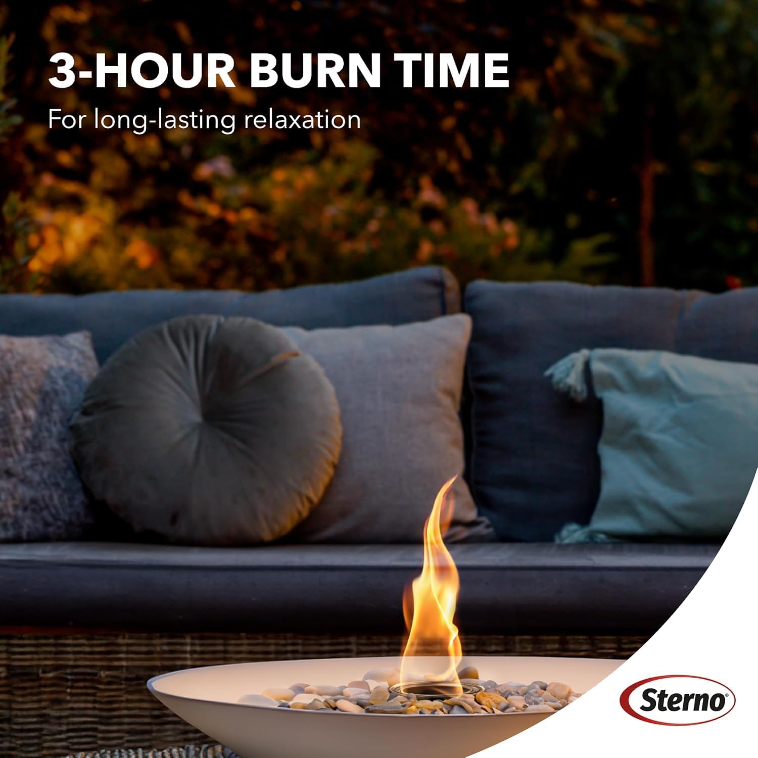 Sterno 6-Pack Fire Pit Gel Fuel - 3 Hours of Burn Time - Vibrant Flame - Wood Crackling Sounds - Safe, Smokeless & Odorless, No Ash - All-Weather Burner for Indoor & Outdoor Table Top FirePit
