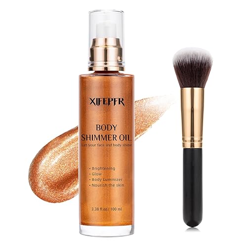 XIFEPFR Aceite de brillo corporal, iluminador corporal dorado bronce, iluminador facial líquido con cepillo de maquillaje, aceite hidratante de