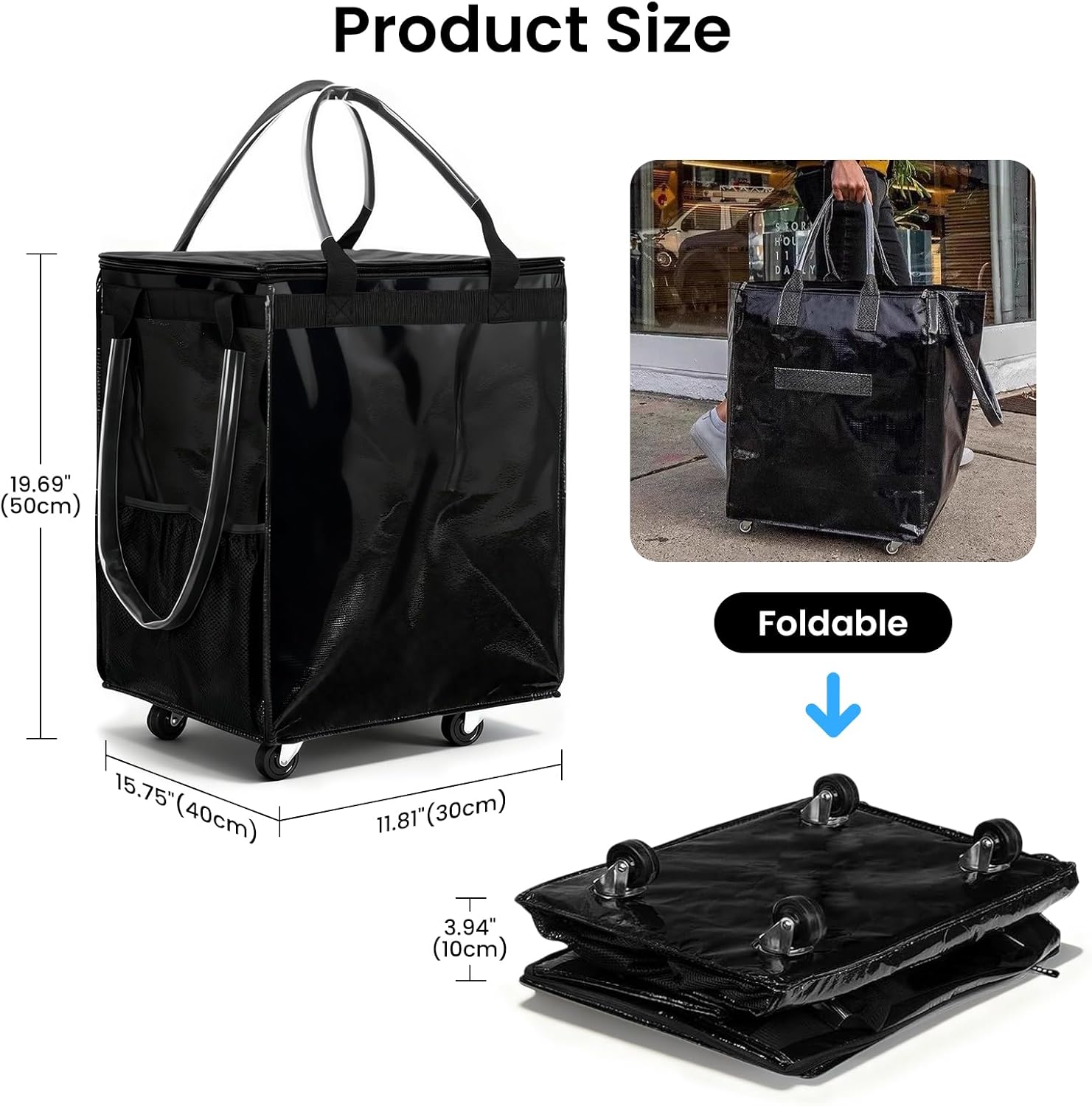 reusable grocery bag on wheels,foldable rolling tote bag,carries up to 66 lb,large shopping trolley with heavy duty wheels and handles for trips laundry groceries camping & moving (black)