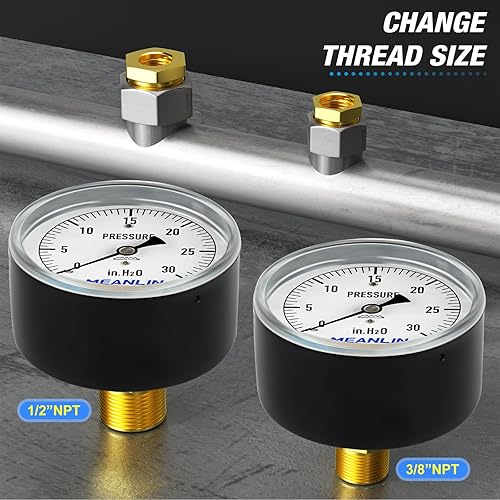 Miniatura 3 de MEANLIN MEASURE Manómetro de baja presión tipo cápsula de diafragma H2O de 0-30 pulgadas NPT de 2-13 pulgadas, esfera de cara ajustable, con 14" x