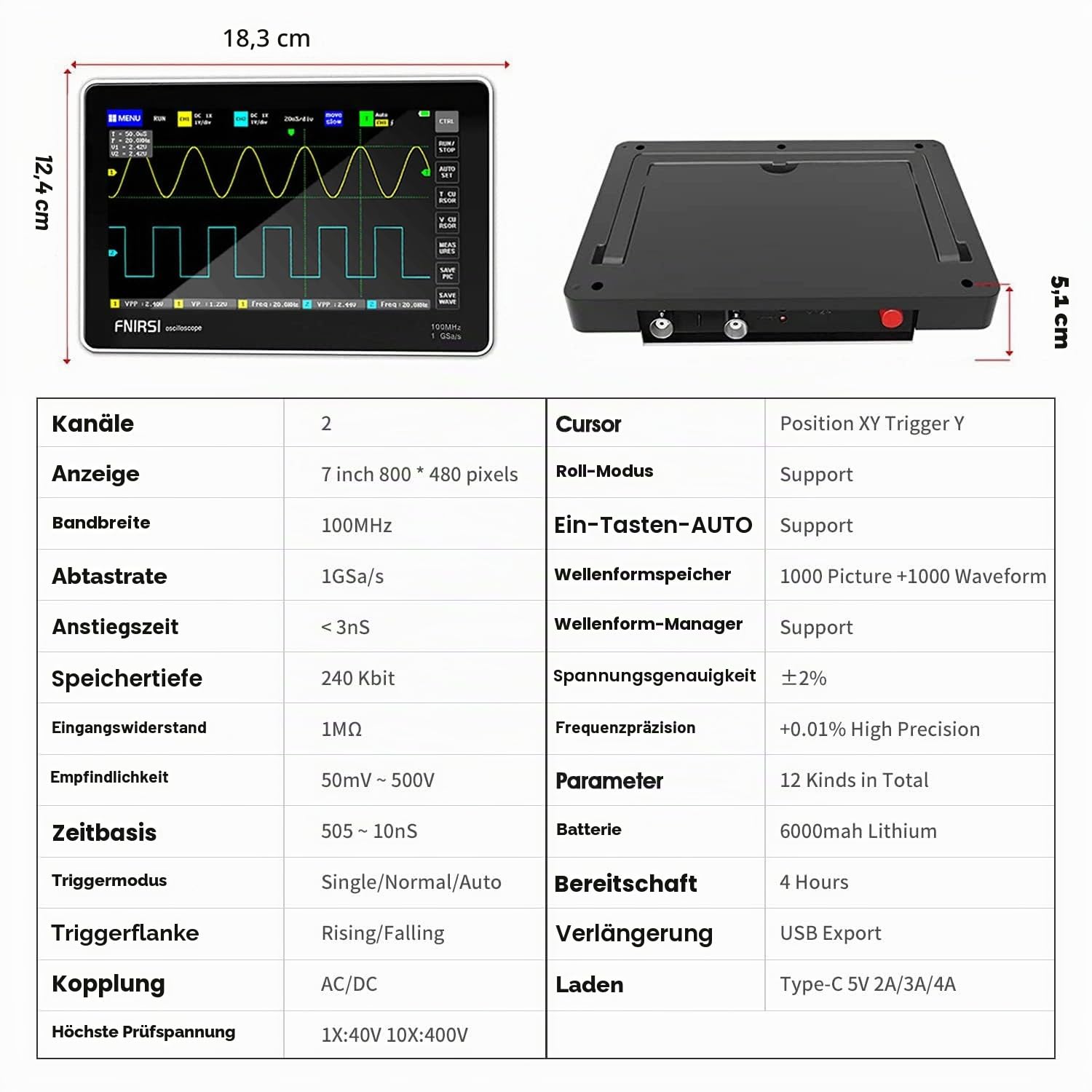 1013D PRO Oszilloskop 100mhz, Digitales Tablet Oszilloskop 2 Kanal | Handheld Digital Oscilloscope mit 100X Oszilloskop Probe, 1GS/s, für Kfz Werkstatt elektrik, Speicher für 1000 Screenshots
