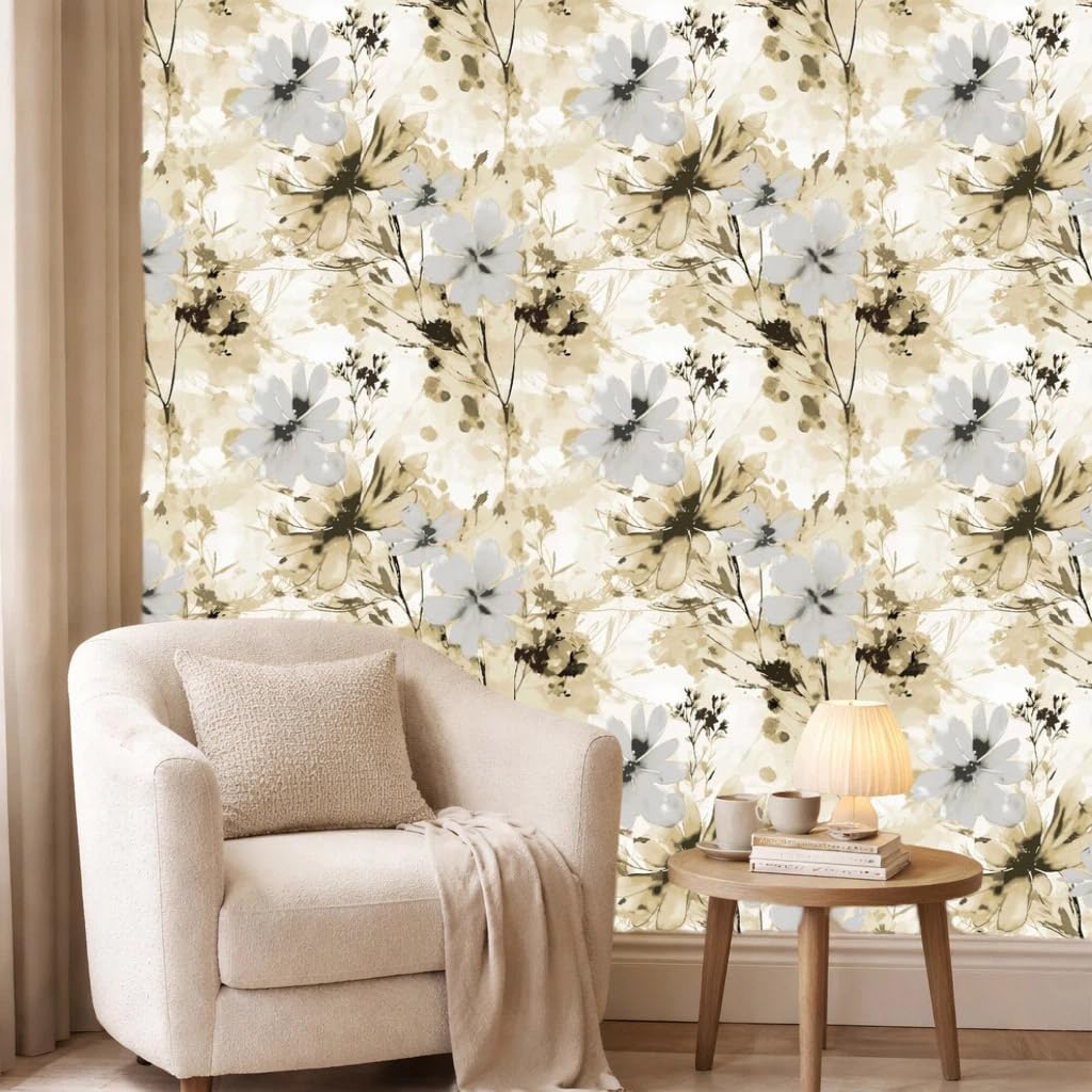 Beige Watercolor Floral Peel and Stick Wallpaper Removable Self Adhesive Floral Wall Covering for Living Room Bedroom Accent Wall 17.7 x 213 in