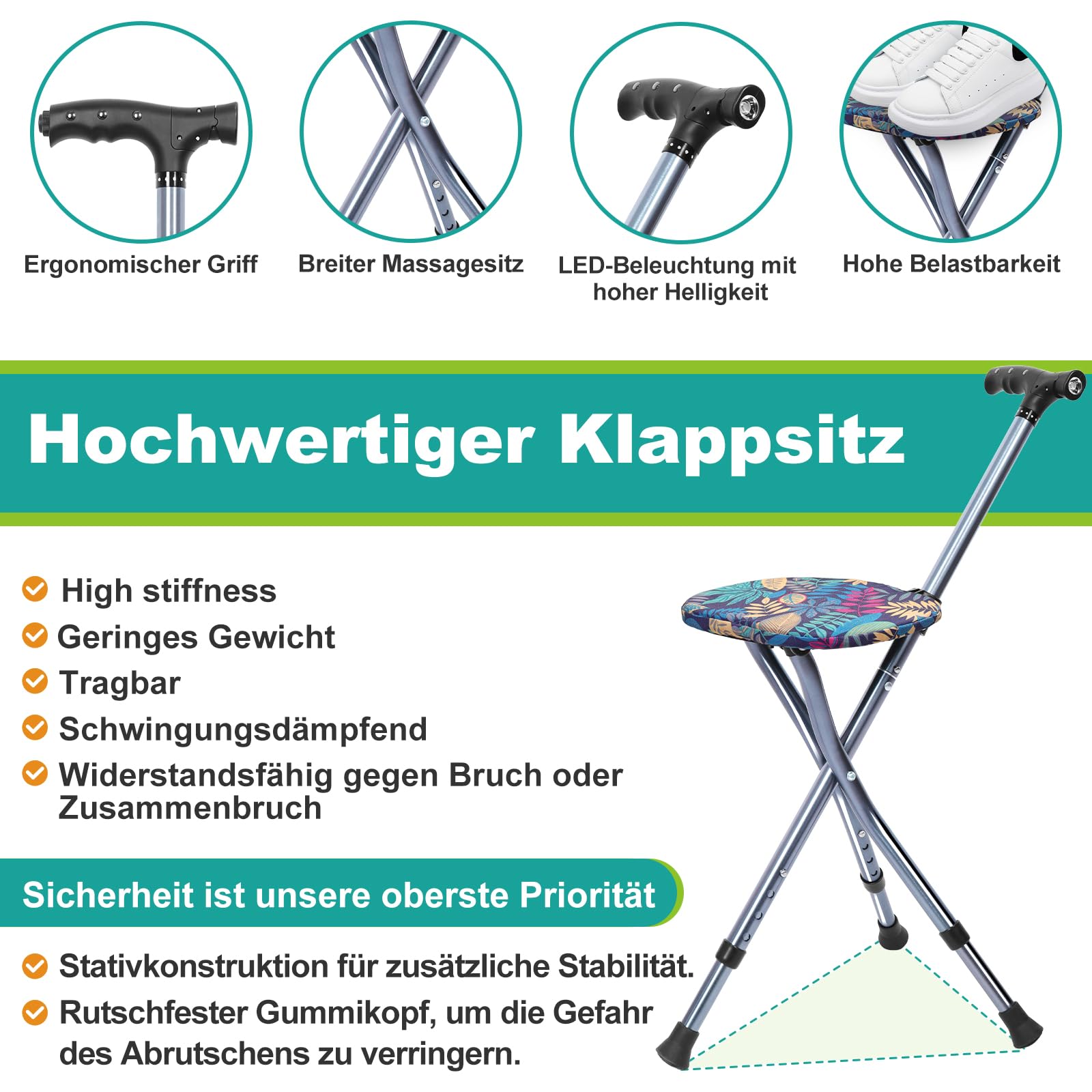 Gehstock mit Sitz, Faltbarer Spazierstock Leicht mit 3 Füßen, Höhenverstellbarer Gehstock für Senioren für Erwachsene, Senioren und Rehabilitationsmenschen