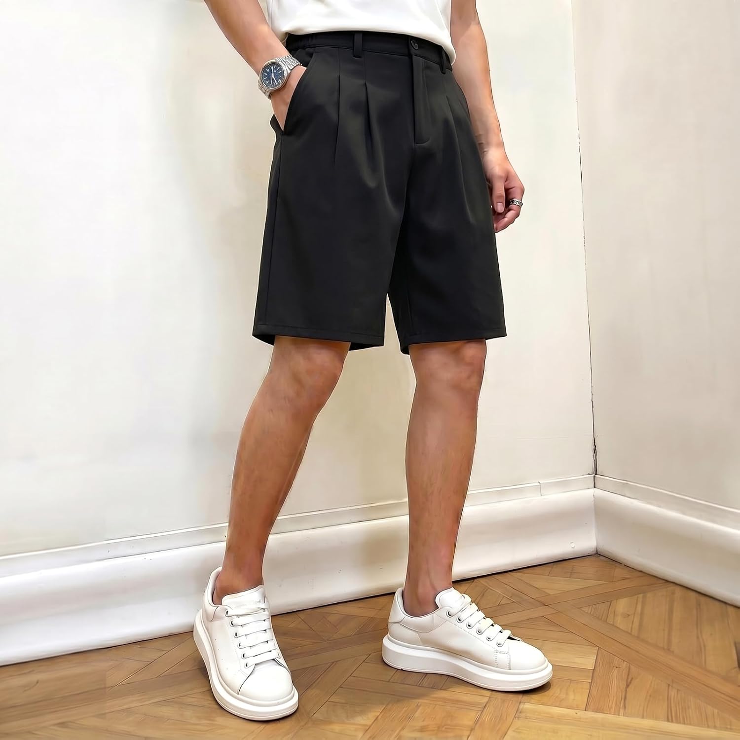 Heyfanee Mens Baggy Pleated Dress Shorts Elastic Waist 9 in