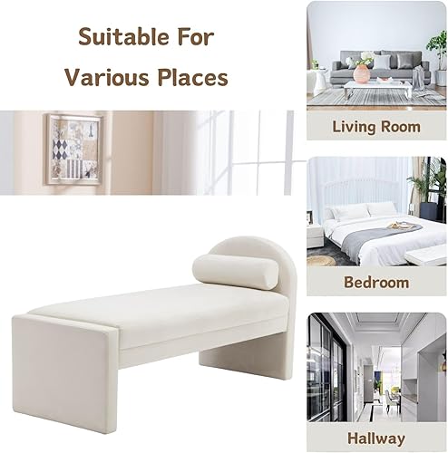 Miniatura 5 de Banco de entrada tapizado de terciopelo, banco moderno para el extremo de la cama, banco otomano beige para dormitorio, sala de estar, ventana y