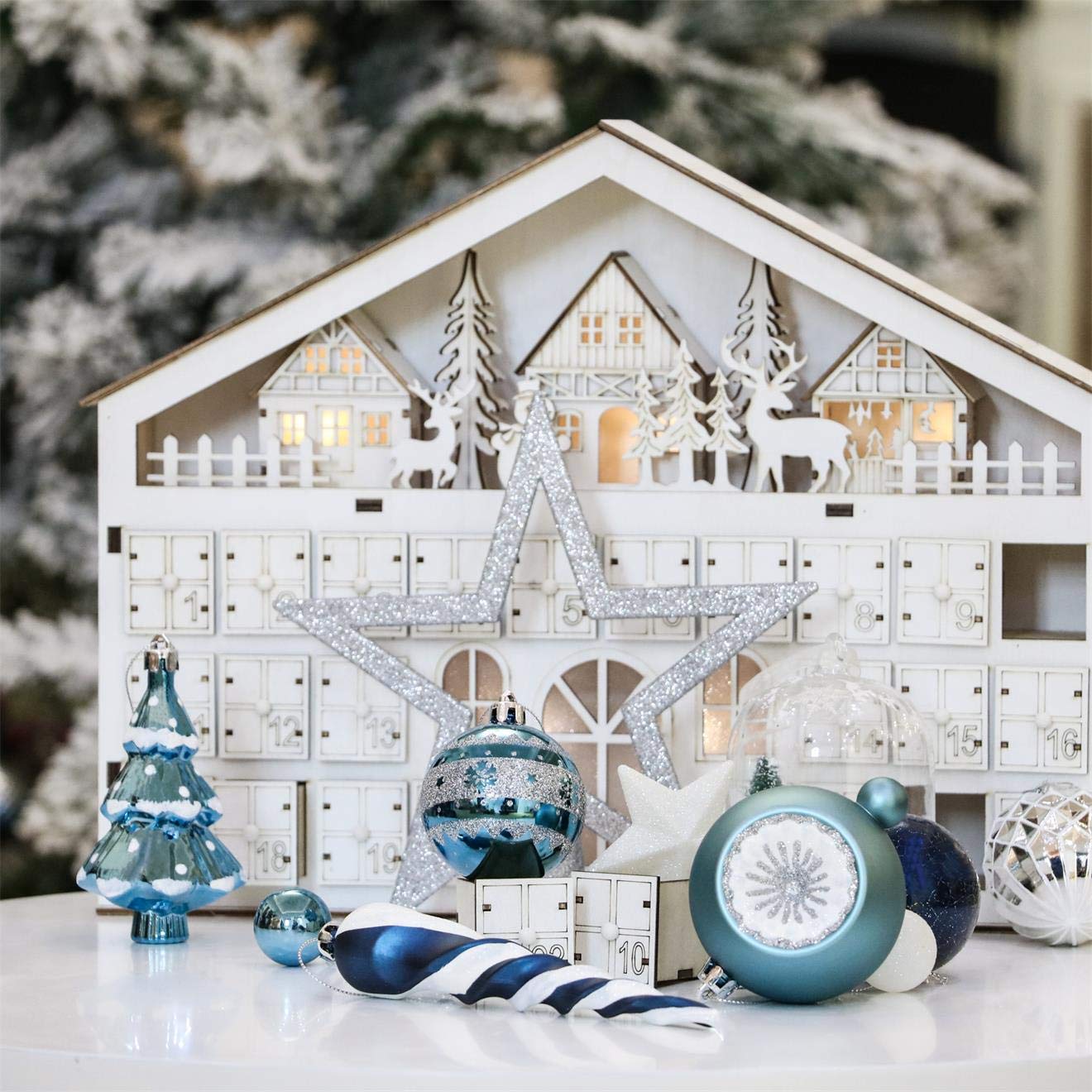Valery Madelyn Weihnachtskugeln 100 TLG 3-21cm Kunststoff Christbaumkugeln Weihnachtsdeko mit Baumspitze und passende Aufhänger Weihnachtsbaumschmuck Winterwünsches Thema Silber Blau