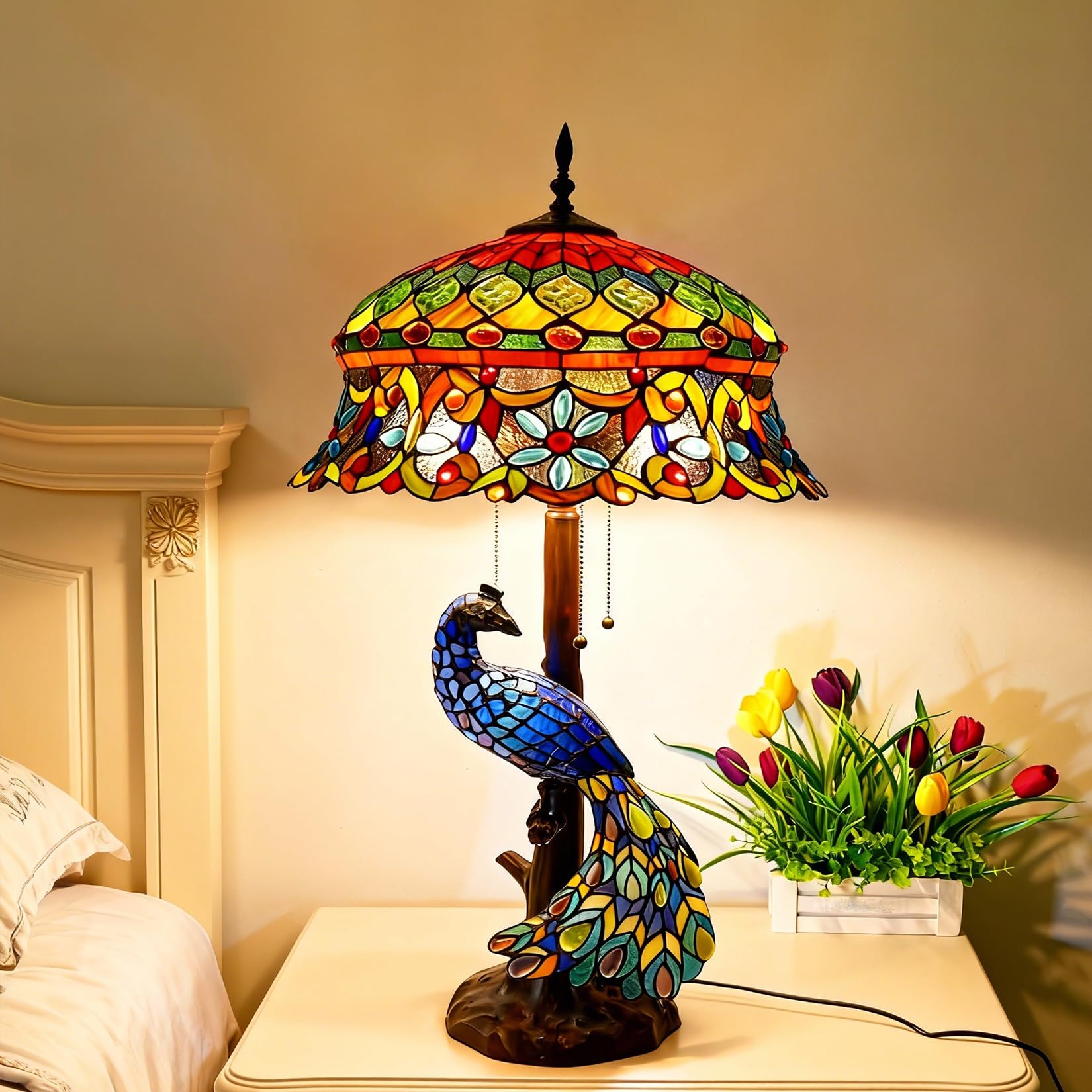 Lampada da tavolo a forma di pavone, paralume in vetro colorato da 45 cm, altezza 79 cm, lampada da comodino con 5 luci, per camera da letto e soggiorno