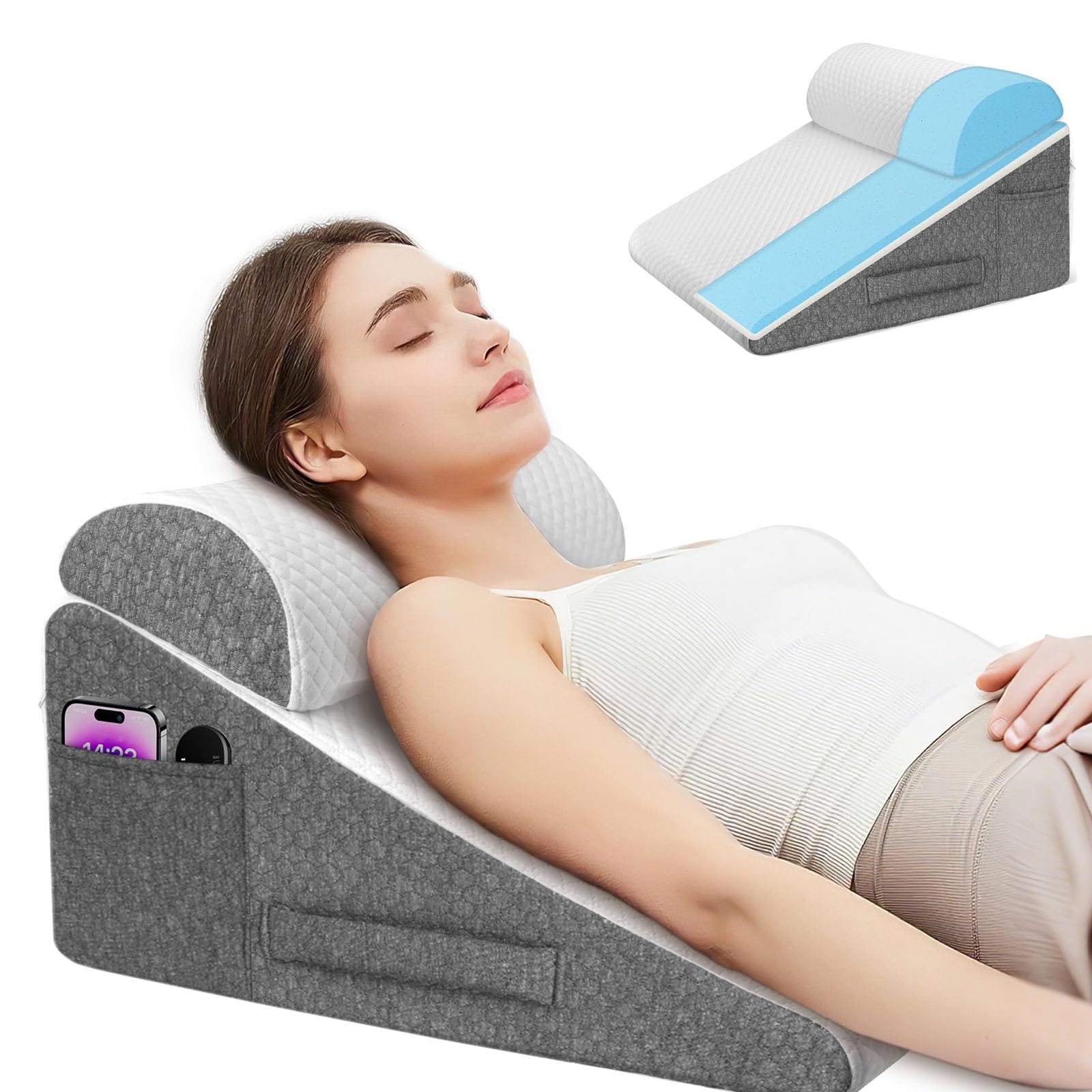 Cuscino a Cuneo per Letto, Cuscino Antireflusso Adulti con Supporto per la Schiena, Ergonomico Cuscino Triangolare per il Supporto di Schiena, Gambe e Ginocchia, Reflusso Acido