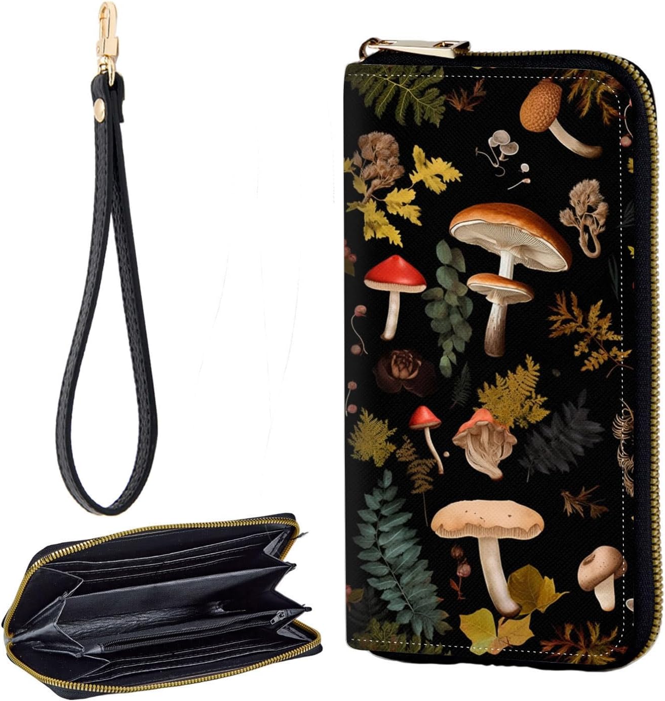 Zip Around Wallets for Women with Detachable Wrist Strap, Large Capacity RFID Blocking Leather Purse Organizer Card Holder Wristlet,Vintage Mushrooms Forest