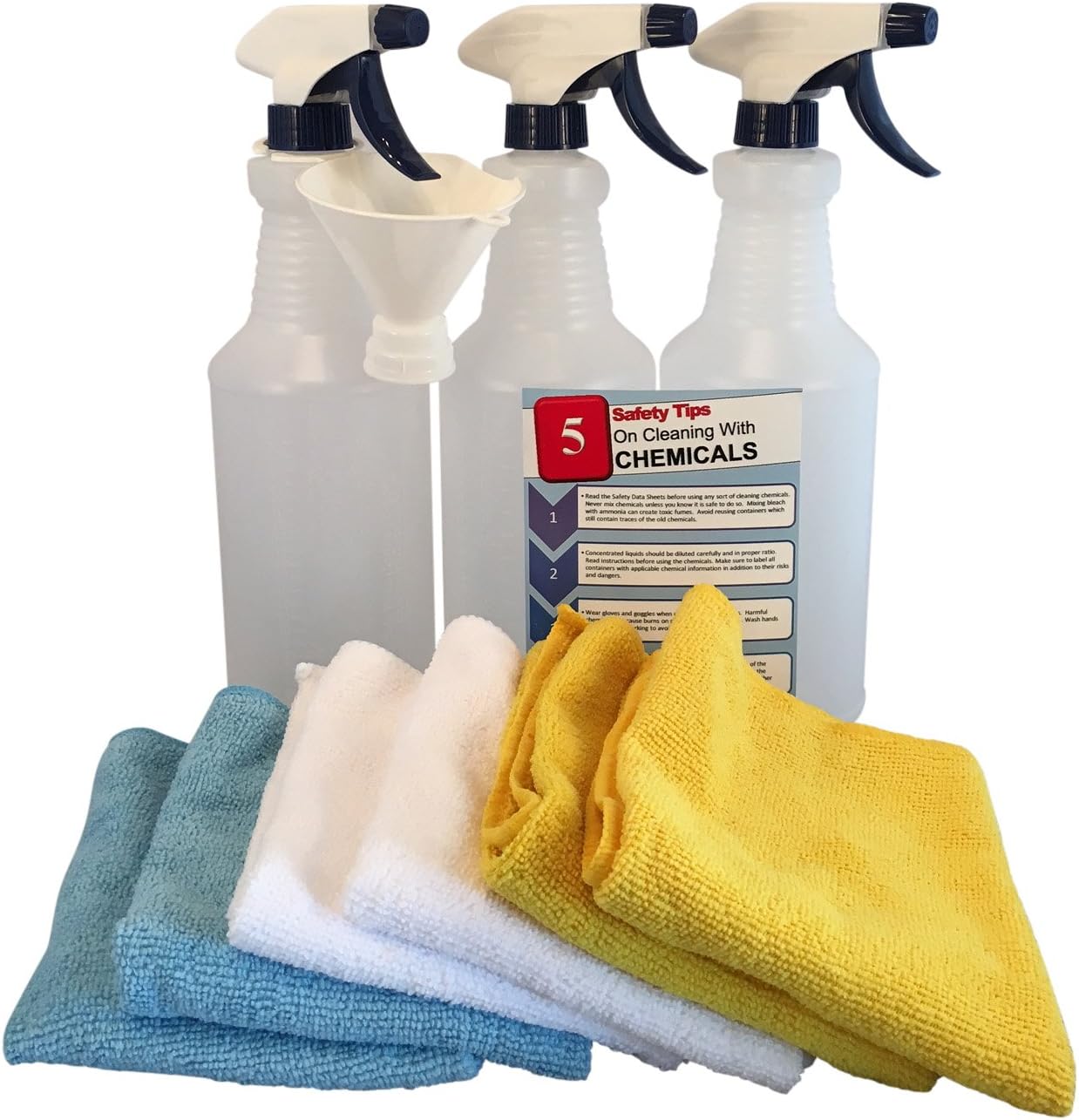 32-Oz Heavy-Duty Industrial Janitorial Spray Bottles (3 Pack) with 6 Microfiber Cleaning Cloths, Threaded Funnel and Safety Tips Card (11 Piece Set) (Blue)