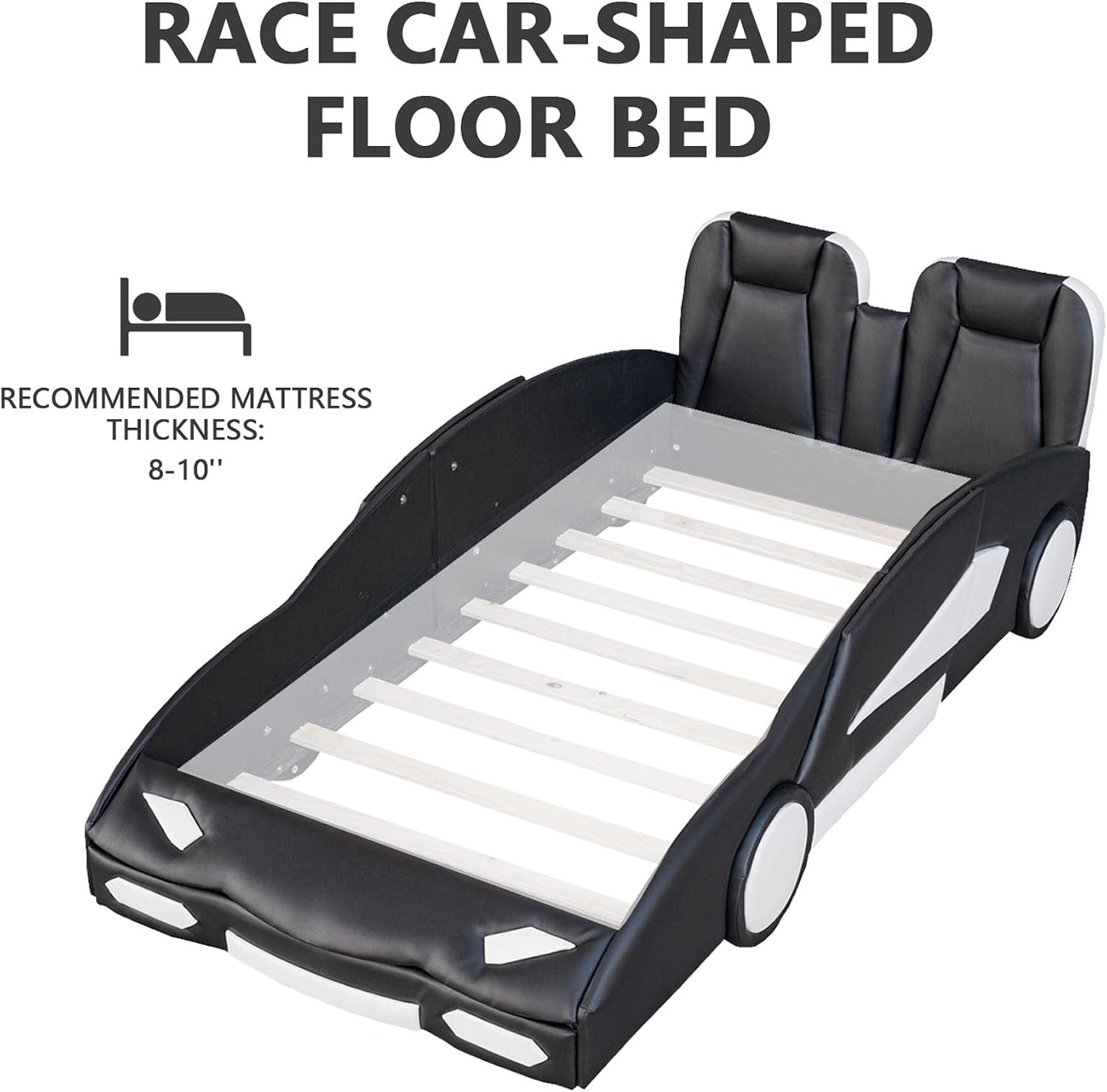 Twin Size Race Car Bed with Wheels, Upholstered Twin Bed Frame for Kids Boys Girls, No Box Spring Needed (Black)