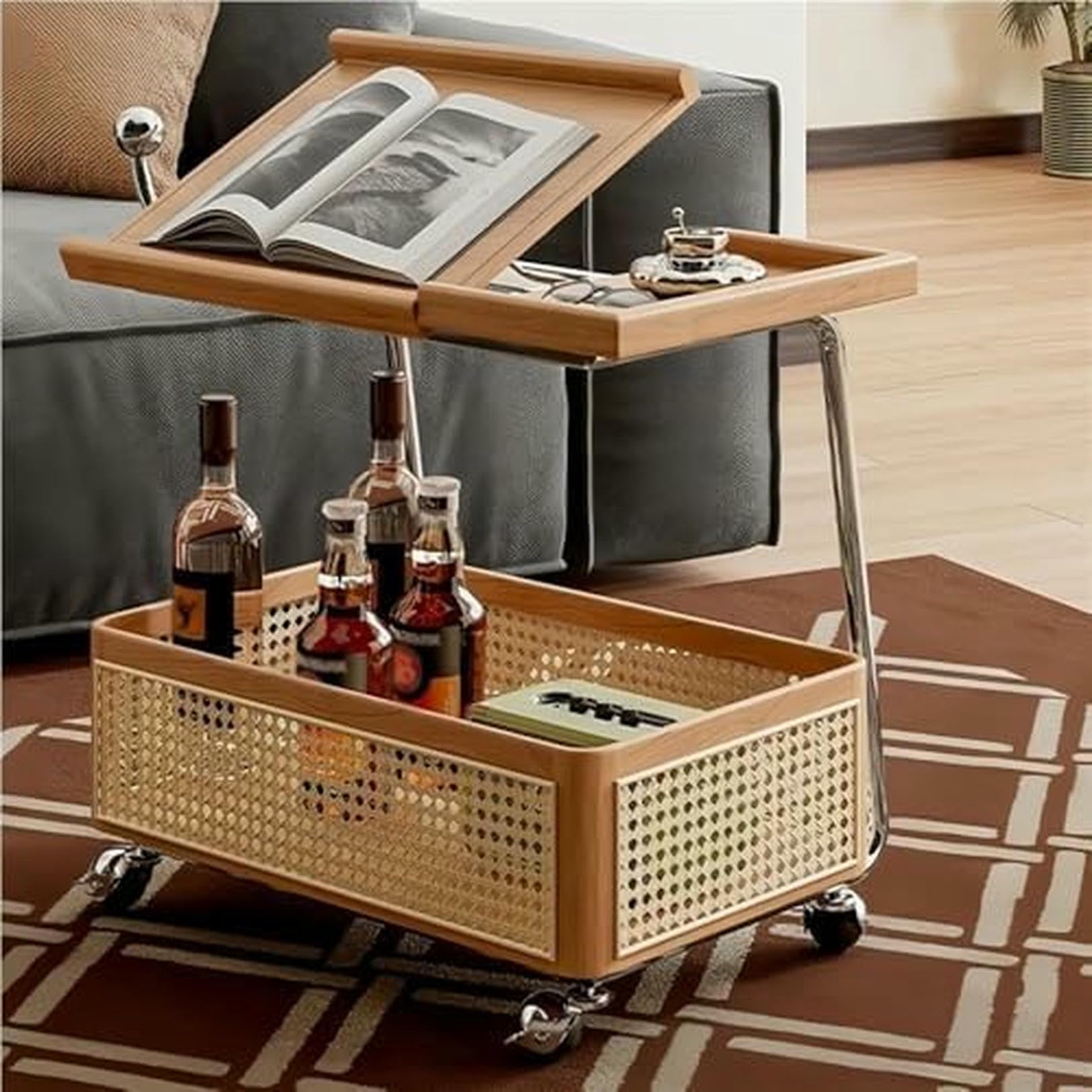 Eiwitany Top C-Shaped Rolling Side Table with Rattan Storage Basket, Brown Wood Mobile Coffee Table for Space-Saving Living Room Use (Natural)