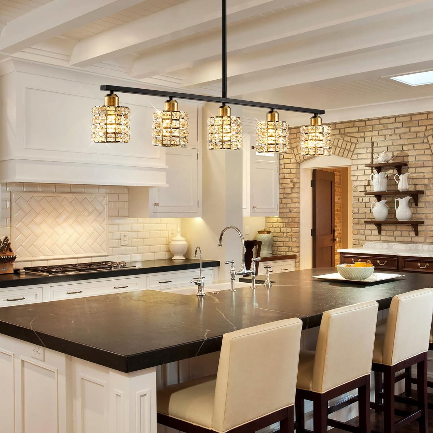 5-Light Linear Crystal Chandelier, Black and Gold Dining Room Light Fixtures Over Table, Adjustable Height Farmhouse Pendant Lights Kitchen Island for Dining Room