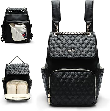 miss fong Diaper Bag Backpack Baby Diaper Bag for baby boy and girls, Leather Baby Bag with 13 diaper bag organizing pouches, Changing Pad, Stroller Straps and 4 Insulated PocketsBlack