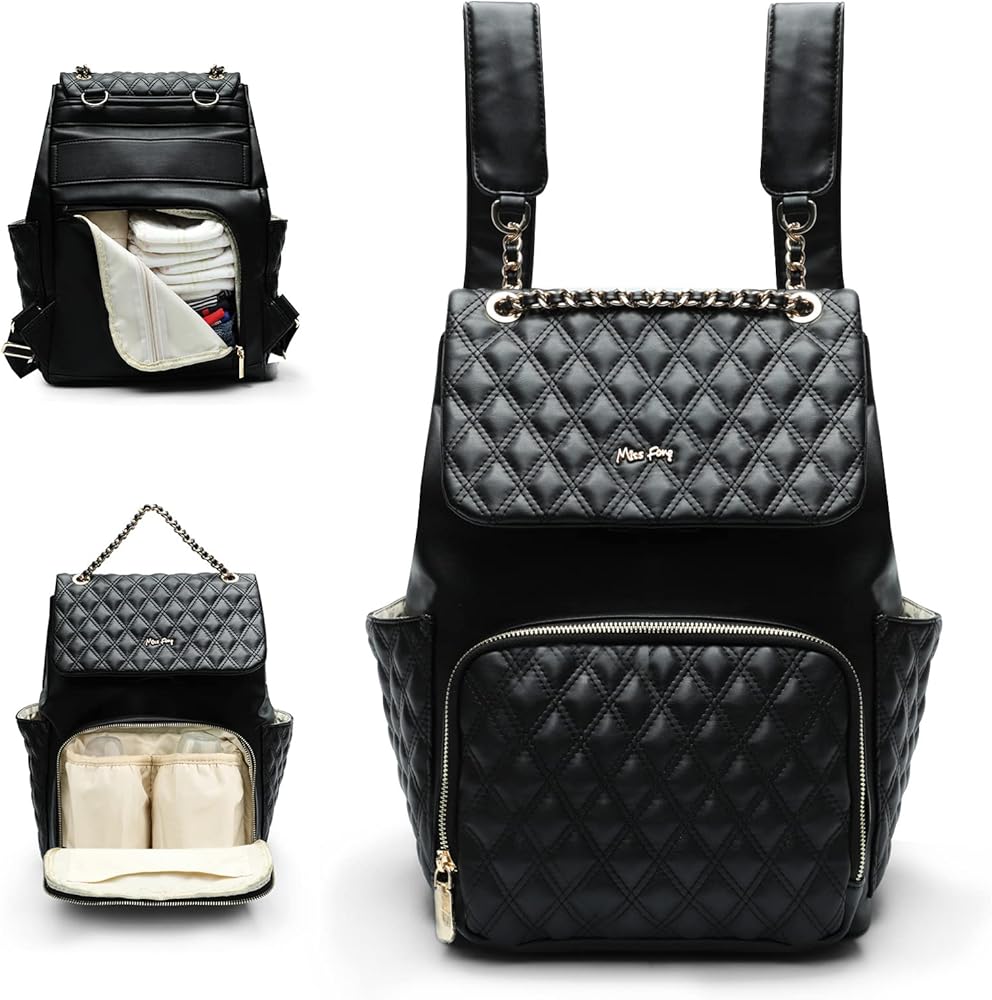miss fong Diaper Bag Backpack Baby Diaper Bag for baby boy and girls, Leather Baby Bag Backpack with 13 Pockets,Changing Pad, Stroller Straps and 4 Insulated Pockets(Black) : Baby