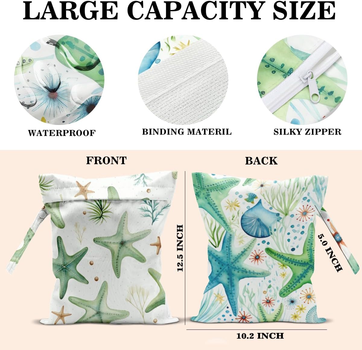 Wet Dry Bags Wet Bags Dirty Laundry Travel Bag Green Starfish Seaweed Waterproof Zipper Bag for Swimsuit Travel Beach image 2
