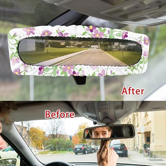 Purple Flowers Automotive Inside Rearview Mirror Cover Sleeve Auto Rearview Mirror Protector Cover Breathable Elastic Decorative Cover for Women