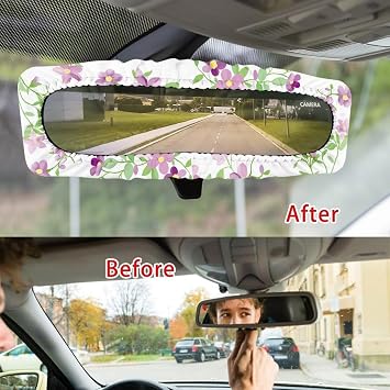 Purple Flowers Automotive Inside Rearview Mirror Cover Sleeve Auto Rearview Mirror Protector Cover Breathable Elastic Decorative Cover for Women
