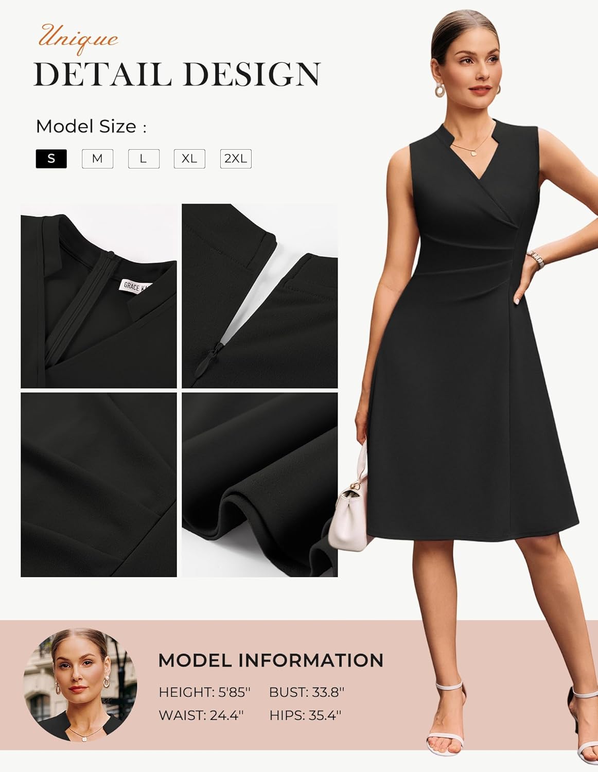 GRACE KARIN Women 2026 Summer Work Dress Sleeveless V Neck Elegant Midi Dresses A Line Ruched Waist Business Dresses - Image 4