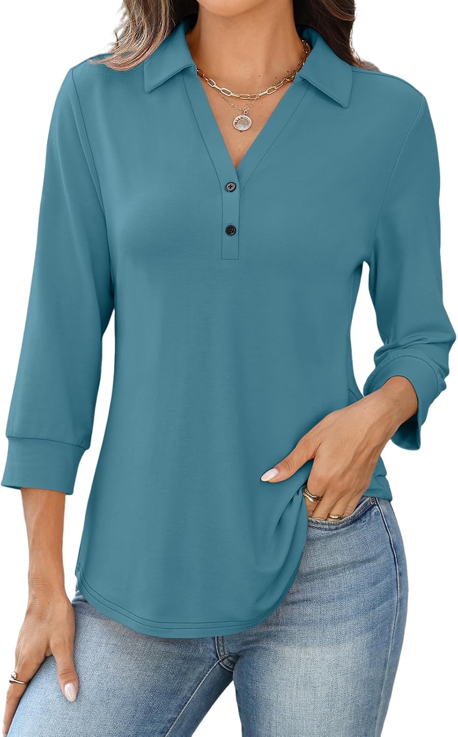 TICTICMISS Women's V Neck Polo Shirts 3/4 Length Sleeve Tops Collared Business Casual Summer Blouses
