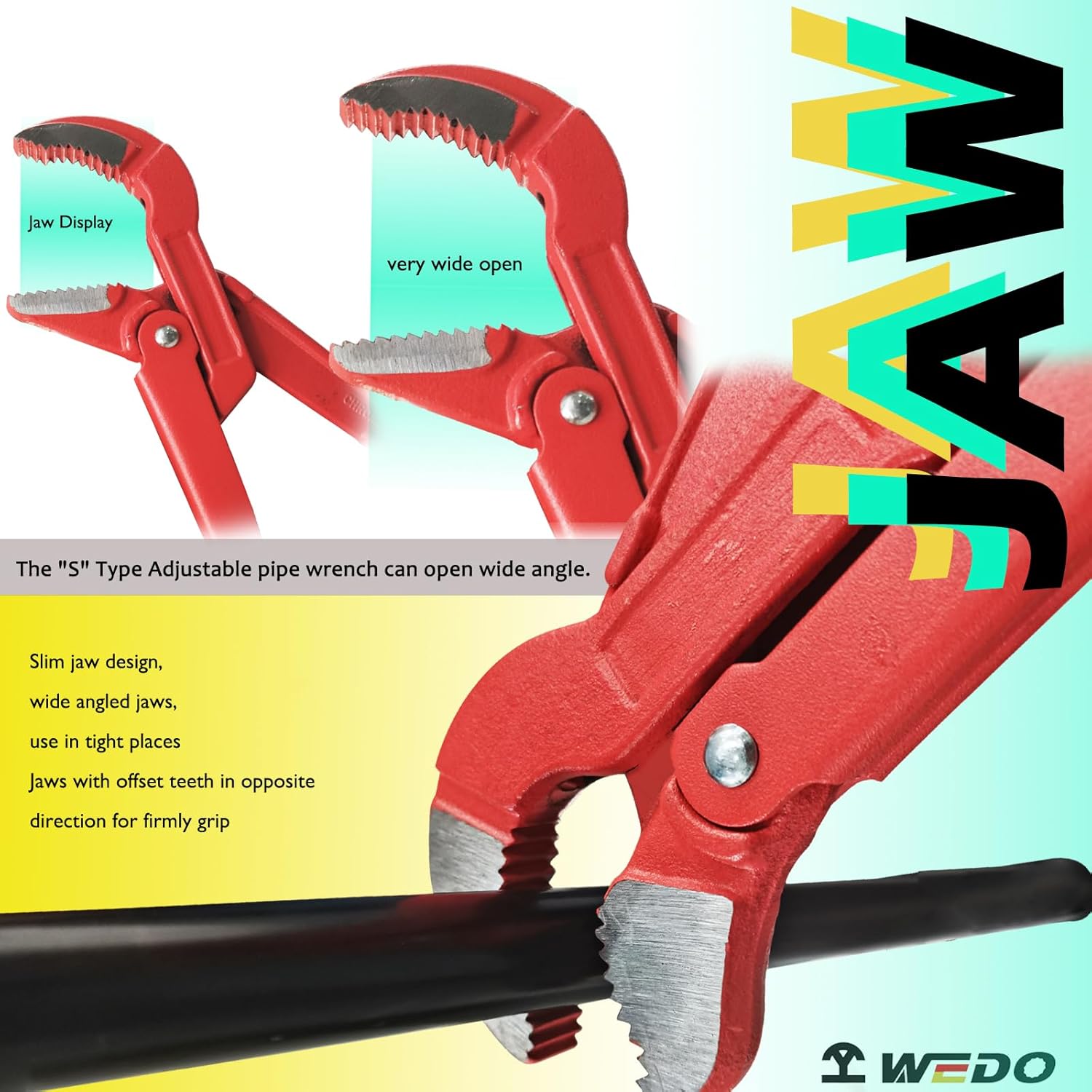 WEDO Swedish Pipe Wrench S-Type, Water Pump Wrench, Max Jaw Opening 82mm,Length 535mm,Optimal Jaw Opening 2"(50mm),CR-V Steel, Die-forged, Heat Treatment