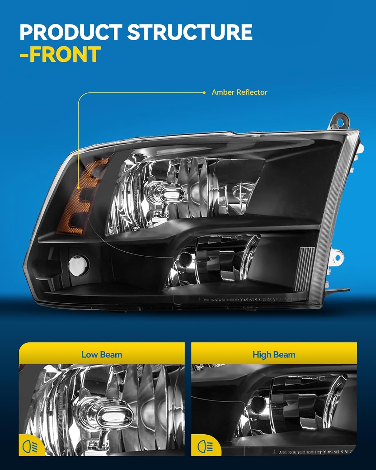 PHILTOP Headlights Assembly for 2009-2021 Ram 1500,2019-2023 Ram 1500 Classic,2011-2018 Ram 2500/3500,Black Housing Clear Lens Amber Reflector,Halogen Headlamps (Driver + Passenger Side)