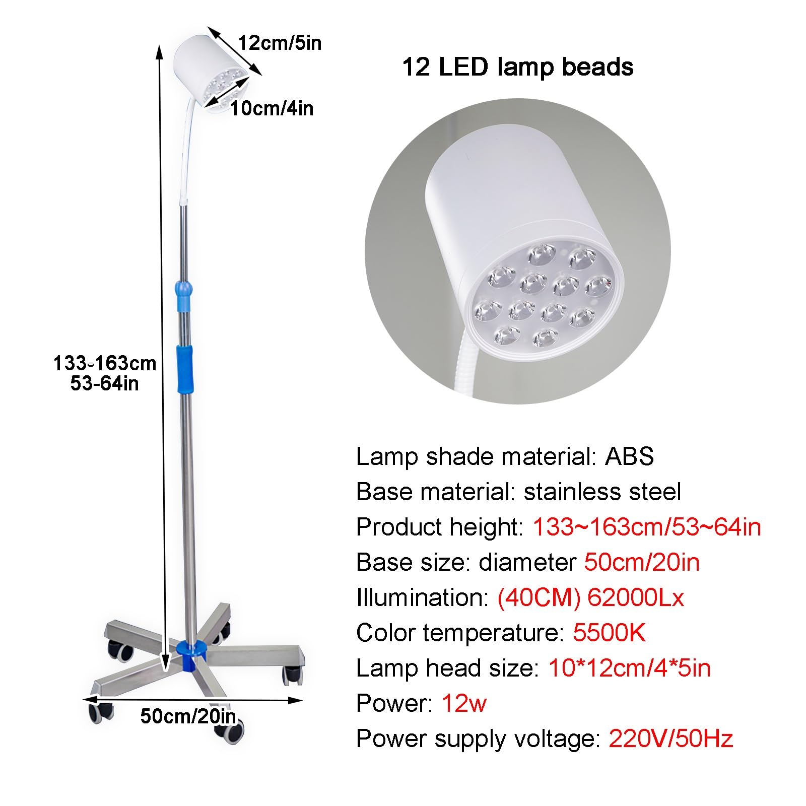 12 fori Lampada per Visita Chirurgica, Lampada per Visita Ginecologica a LED, Lampada per Visita Medica Mobile, Lampada per Visita a Collo D'oca, per Stomatologia Ambulatoriale
