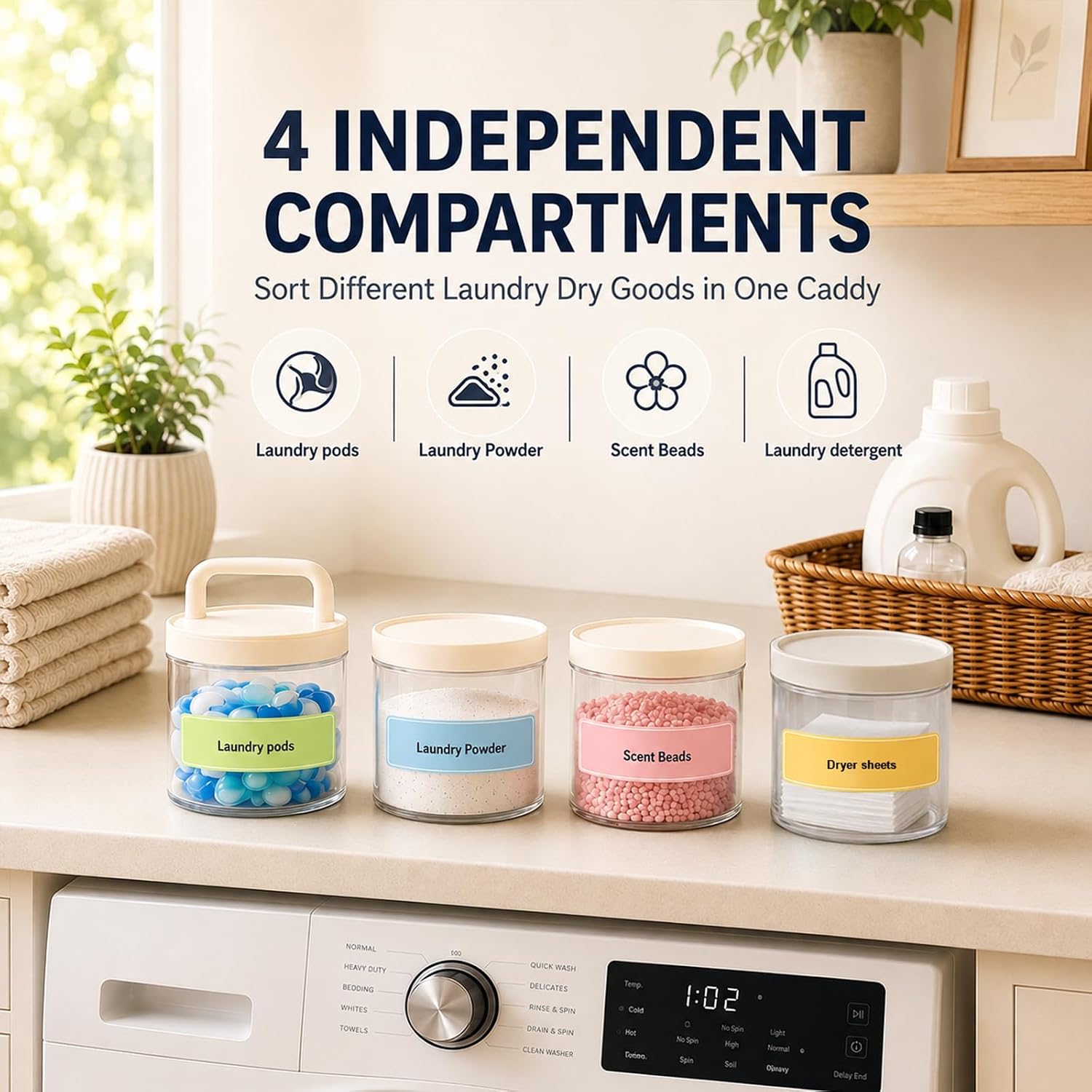 4-Tier Portable Stackable Detergent Dispenser w/Handle, for Pods Powder