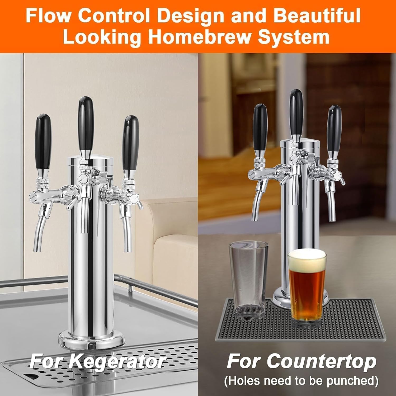 Triple Tap Kegerator Tower with Adjustable Flow Control Valve, Upgraded 3" Draft Beer Tower Kegerator Parts Stainless Core Self-Closing Beer Faucet for Kegerator Countertop