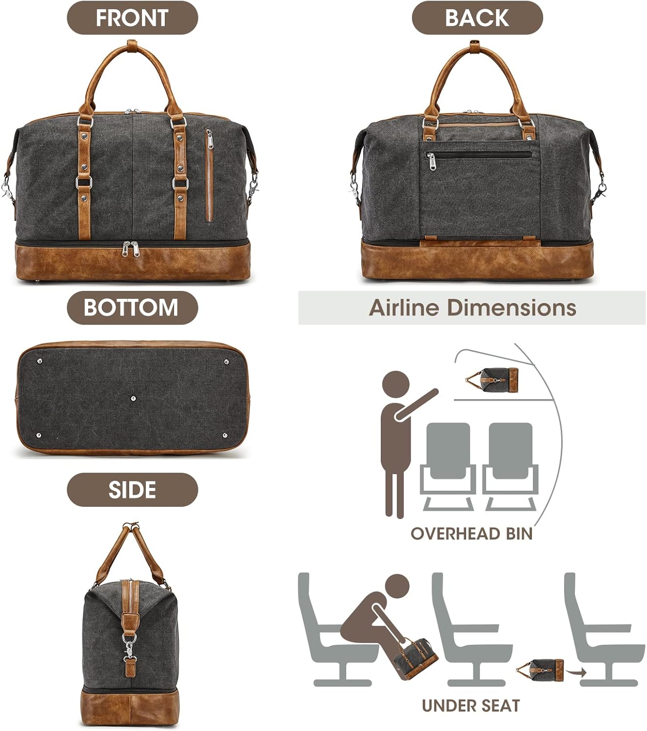 S-ZONE Weekender Bag for Men Canvas Duffle Large Weekend Overnight Travel Carry On Tote Bag with Shoe Compartment Black - Image 3