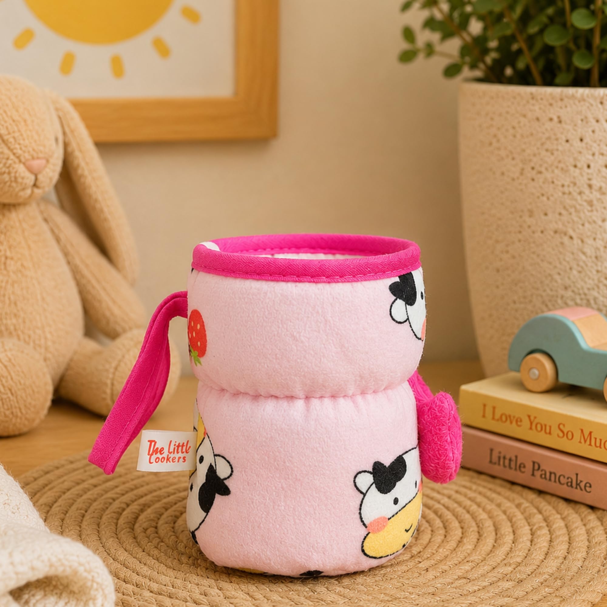 THE LITTLE LOOKERS Soft Plush Stretchable Baby Feeding Bottle Cover with Easy to Hold Strap | Cute Animated Overall Print Pack of 2 (Pink & Blue, Wide Neck 125ml/4oz) Cartoon Print May Very 1