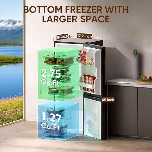 Miniatura 2 de Upstreman Refrigerador pequeño de 4.0 pies cúbicos con congelador inferior, mini refrigerador de doble puerta con congelador, mini refrigerador para