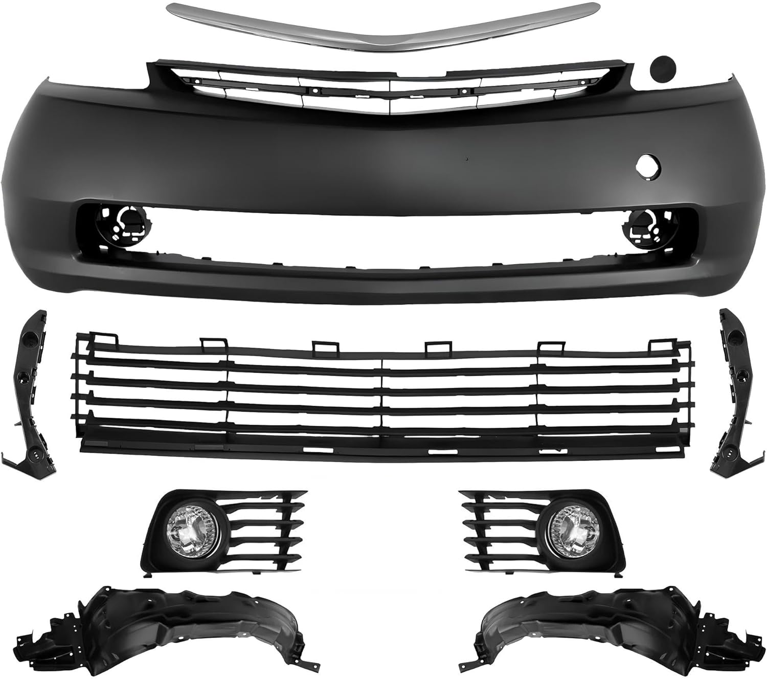telfair Complete Front Bumper Cover Kit Compatible with 2004-2009 Toyota Prius,Primed Replace OE# 5211947903/TO1000274,5311147010/TO1036112 with Grille,Fog Lights & Inner Fenders