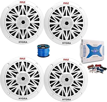 Pyle PLMRA430BT Marine Bluetooth 4-Channel 1000 Watt Amplifier w/Wiring Install Kit, 4X 6.5 200W Full Range 2-Way Dual Cone Waterproof Marine Audio Speakers White, 50 feet Wire