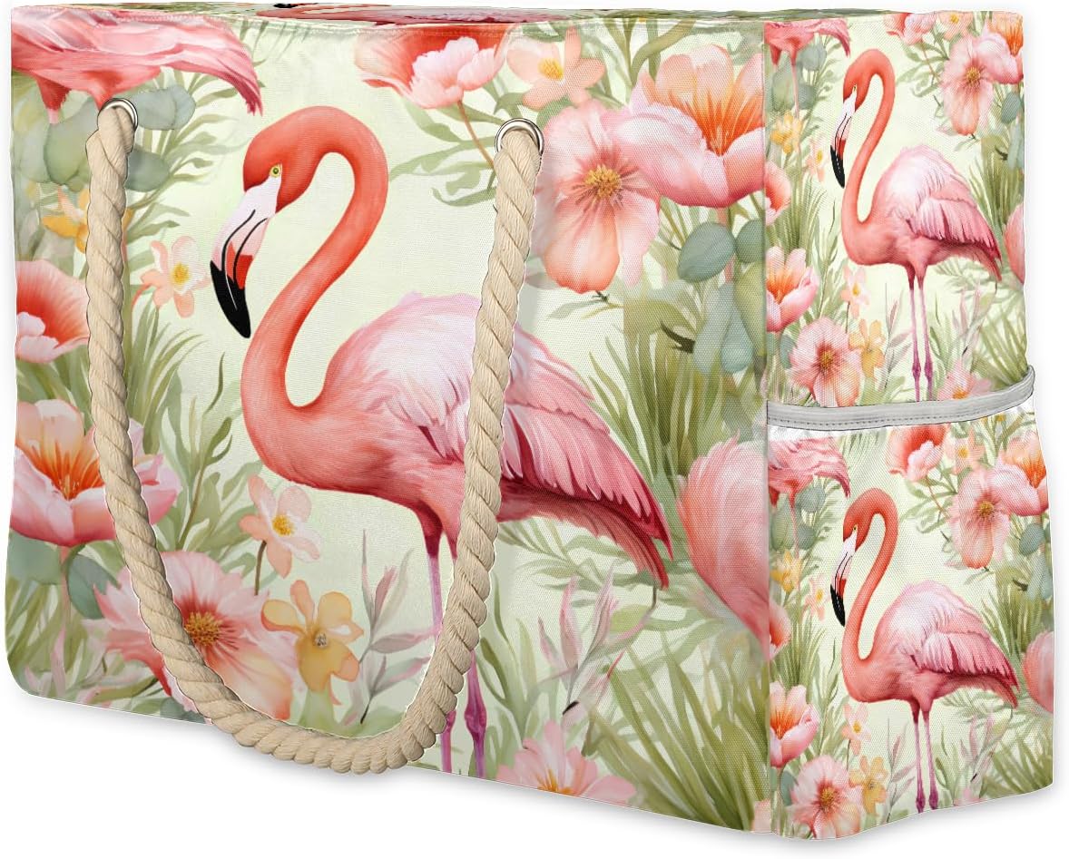 Daisy Pink Flamingo Beach Bags Waterproof Sandproof for Women, Large with Zipper Pool Beach Tote Reusable Grocery Shoulder Bag for Swim Travel Shopping Vacation Picnic