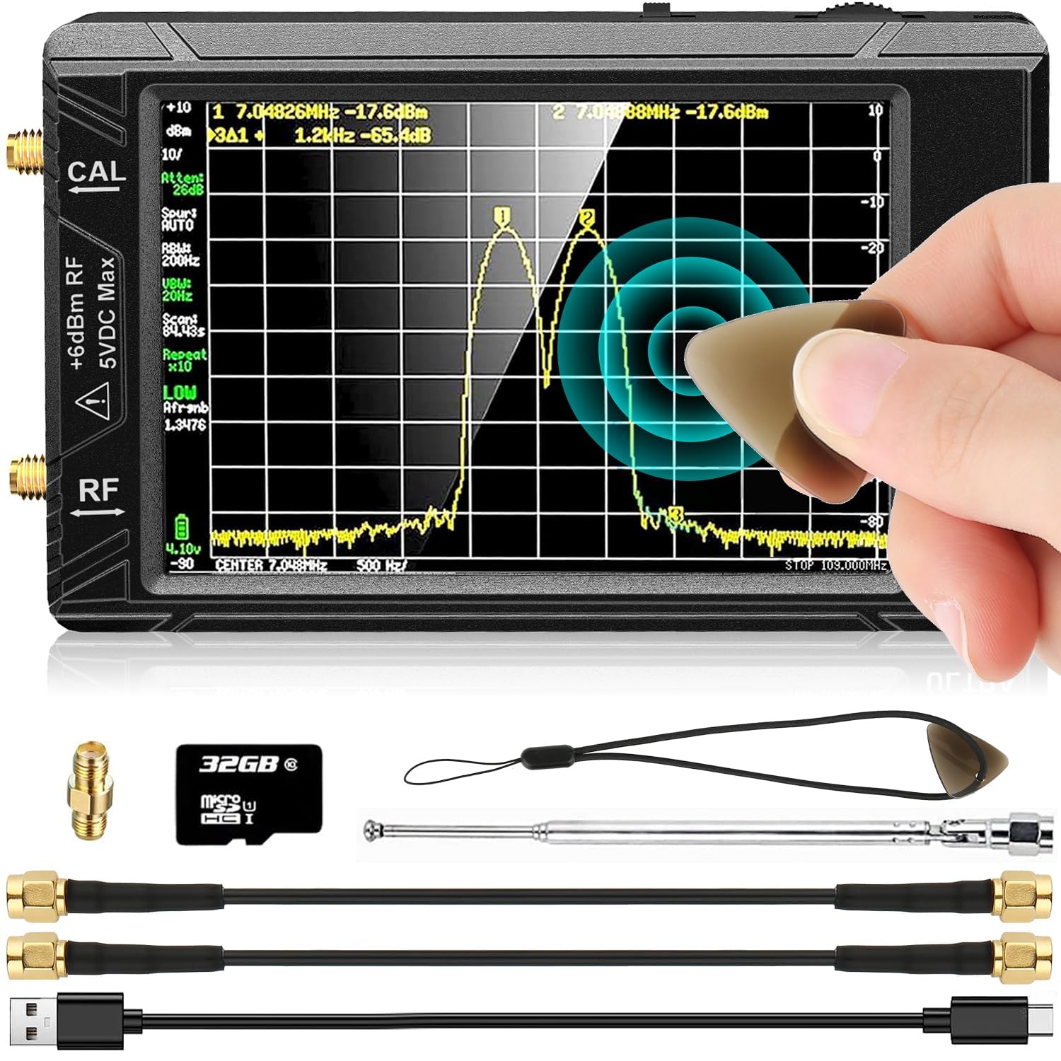 TinySA Ultra Spectrum Analyzer 100kHz-5.3GHz, V0.4.5.1 Handheld Tiny Frequency Analyzer with 4.0 Inch Touch Screen, 32GB SD Card & 3000mAh Rechargeable Battery, 2-in-1 Signal Generator