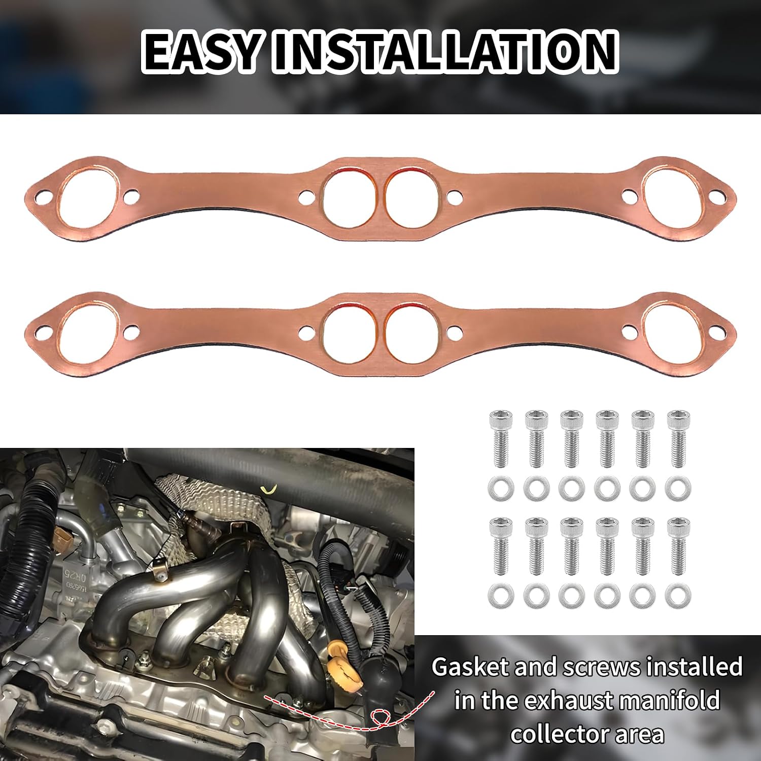 SBC Header Gaskets with Bolts, Oval Port Copper Exhaust Manifold Gaskets & Stainless Steel Exhaust Header Kit 3/8 Bolts for SBC Chevy 283 305 327 350 383 400 Small Blocks V8 Engine