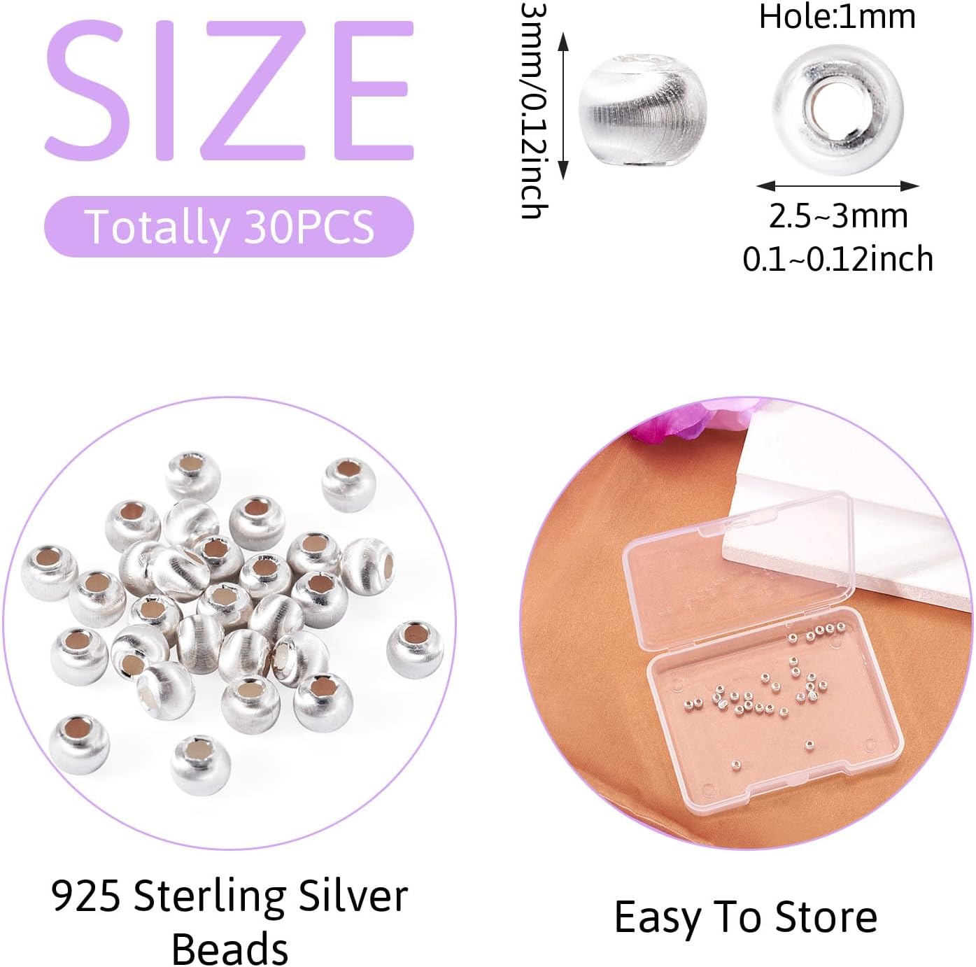 3mm Sterling Silver Beads for Jewelry Making 30Pcs Seamless Silver Round Spacer Beads Tiny Smooth Silver Loose Bead for Stackable Bracelet Necklace Dangle Earring - Image 5