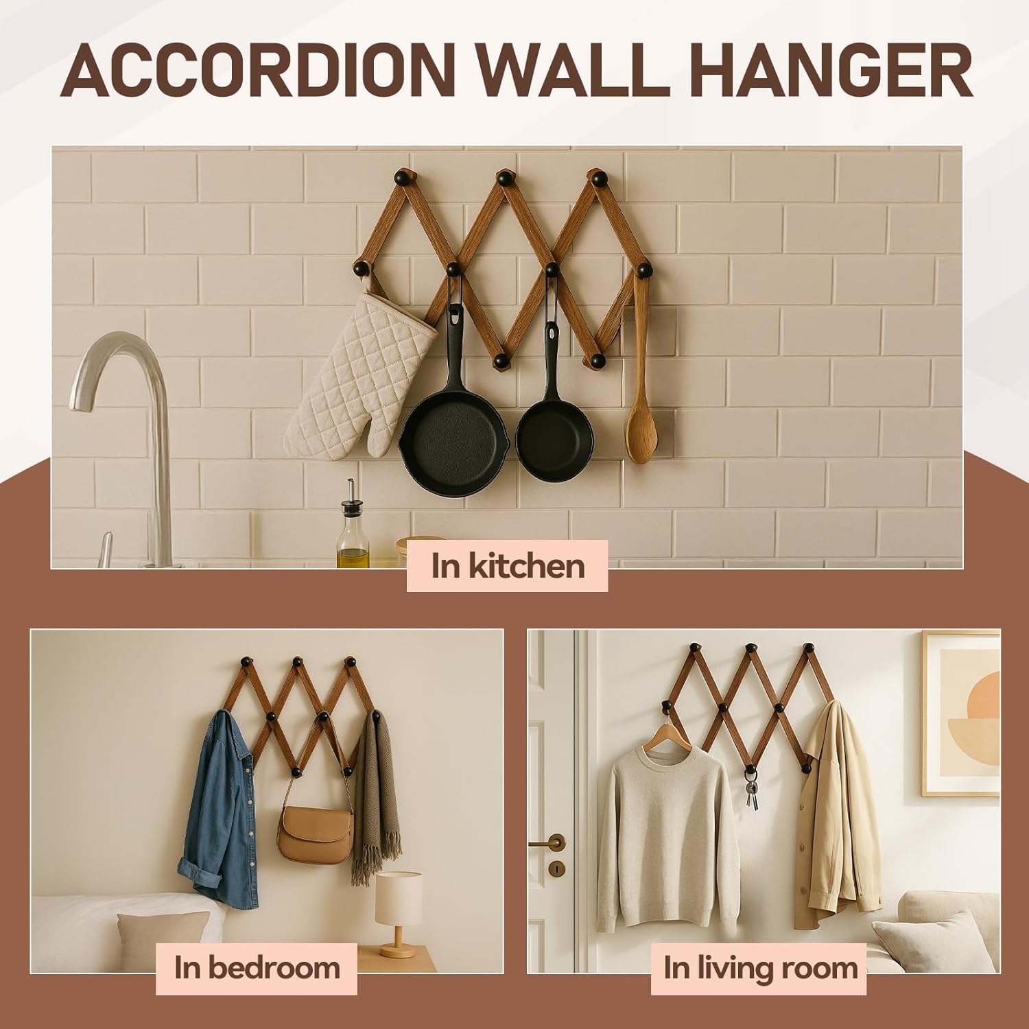 simarro 4 Pcs Accordion Wall Hanger, Expandable Coat Rack Wooden Hat Rack Including 10 Peg Hooks, X Shape Wall Mount Hat Holder for Hats Coat Scarf Jackets Purses