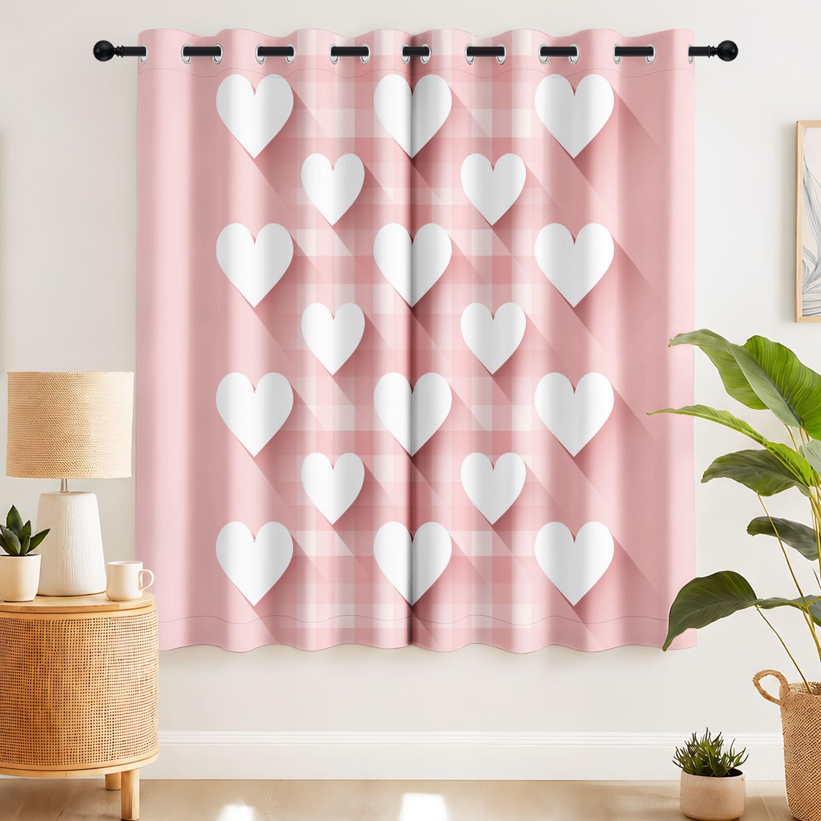 Tende oscuranti foderate con occhielli, isolamento termico 3D, romantiche, per camera da letto, soggiorno, finestra, cuore a quadretti, larghezza 117 x lunghezza 228 cm