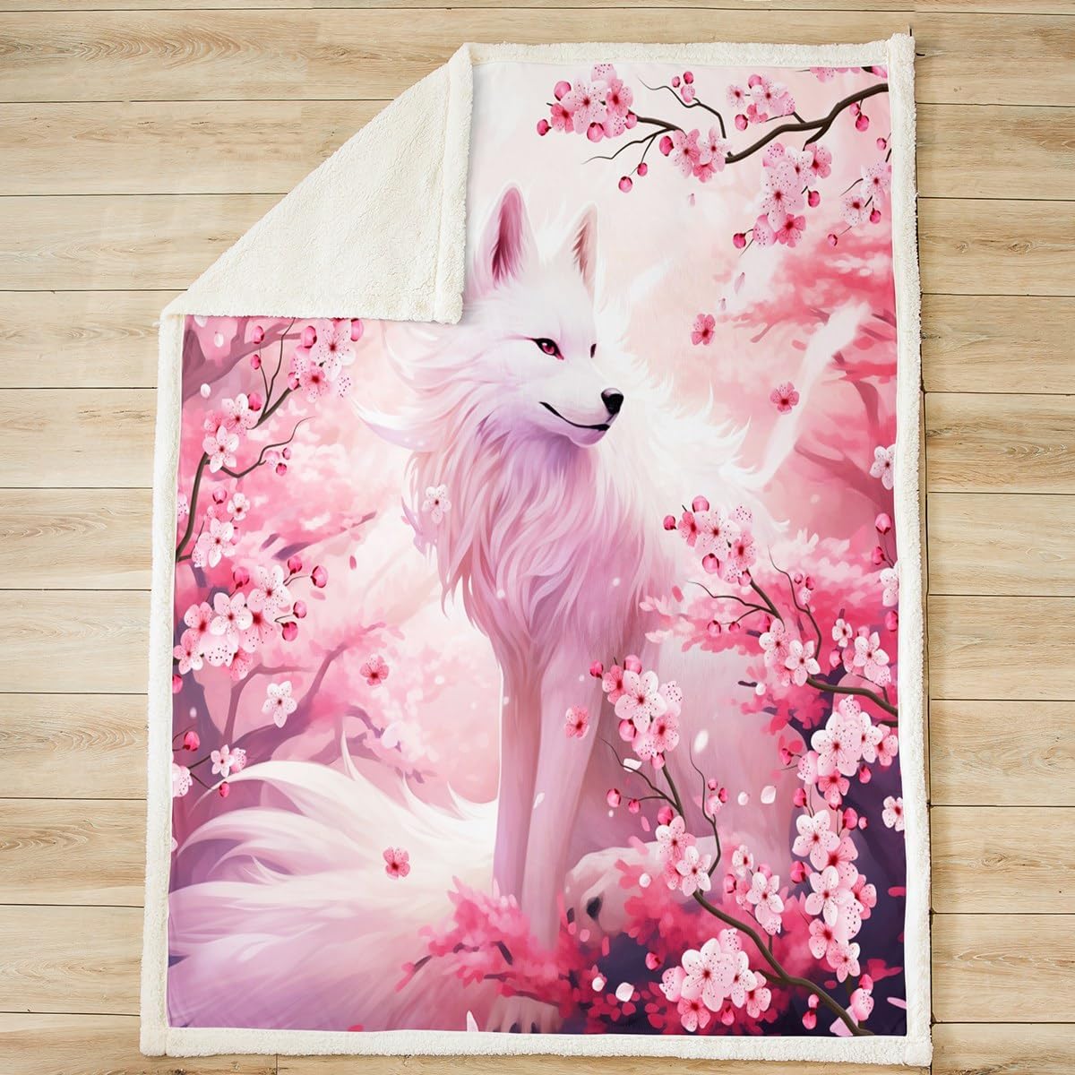 Castle Fairy Fox Throw Blankets,Pink Cherry Blossom Bed Blanket,Wild Animals Plants Fleece Blanket for Kids Girls Woman Adult Living Room,Japanese Style Romantic Sherpa Blanket,for Chair/Sofa,60"×80"